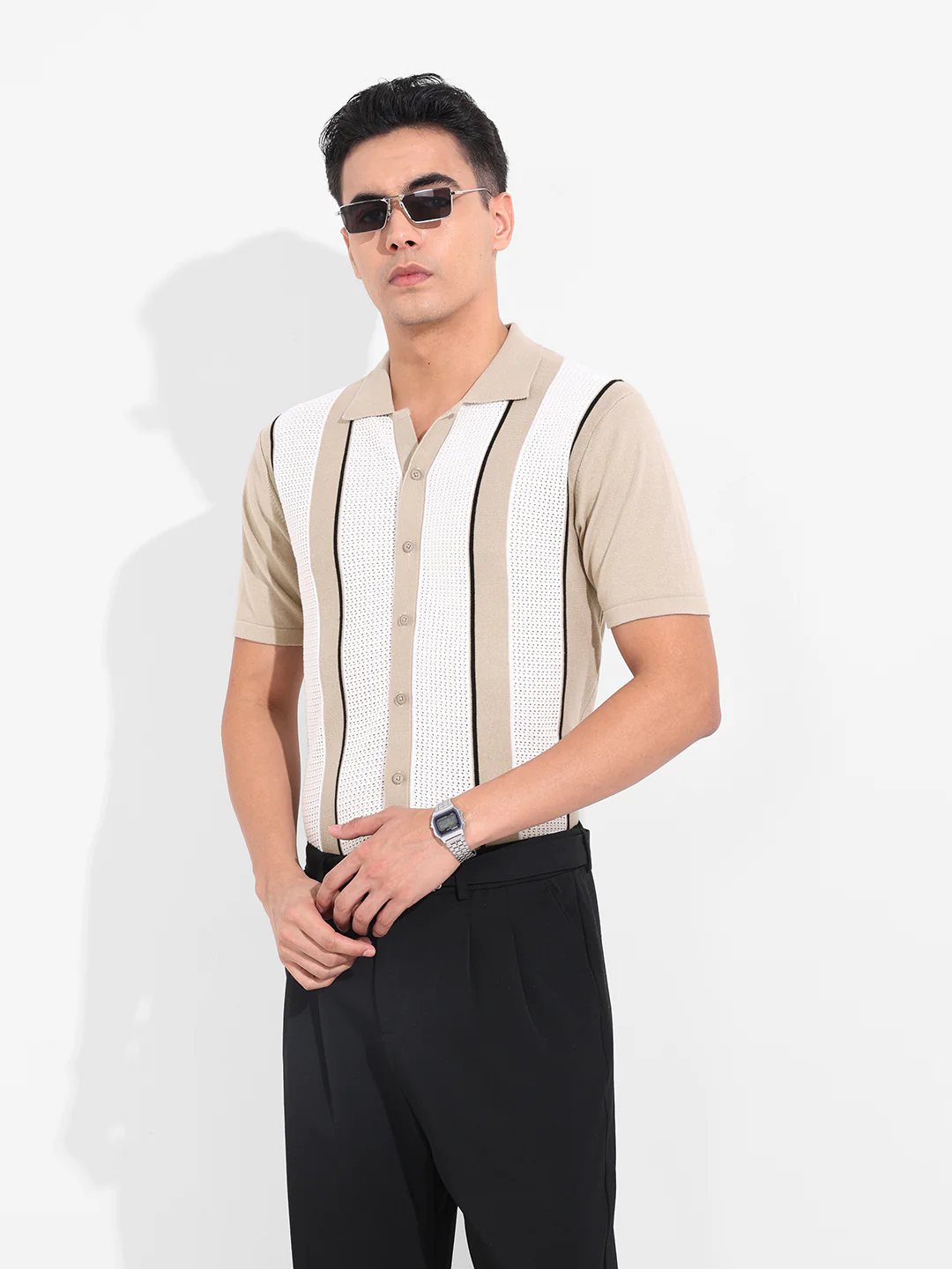Men's Beige Slim Fit Striped Flat Knit Shirt - Image 9