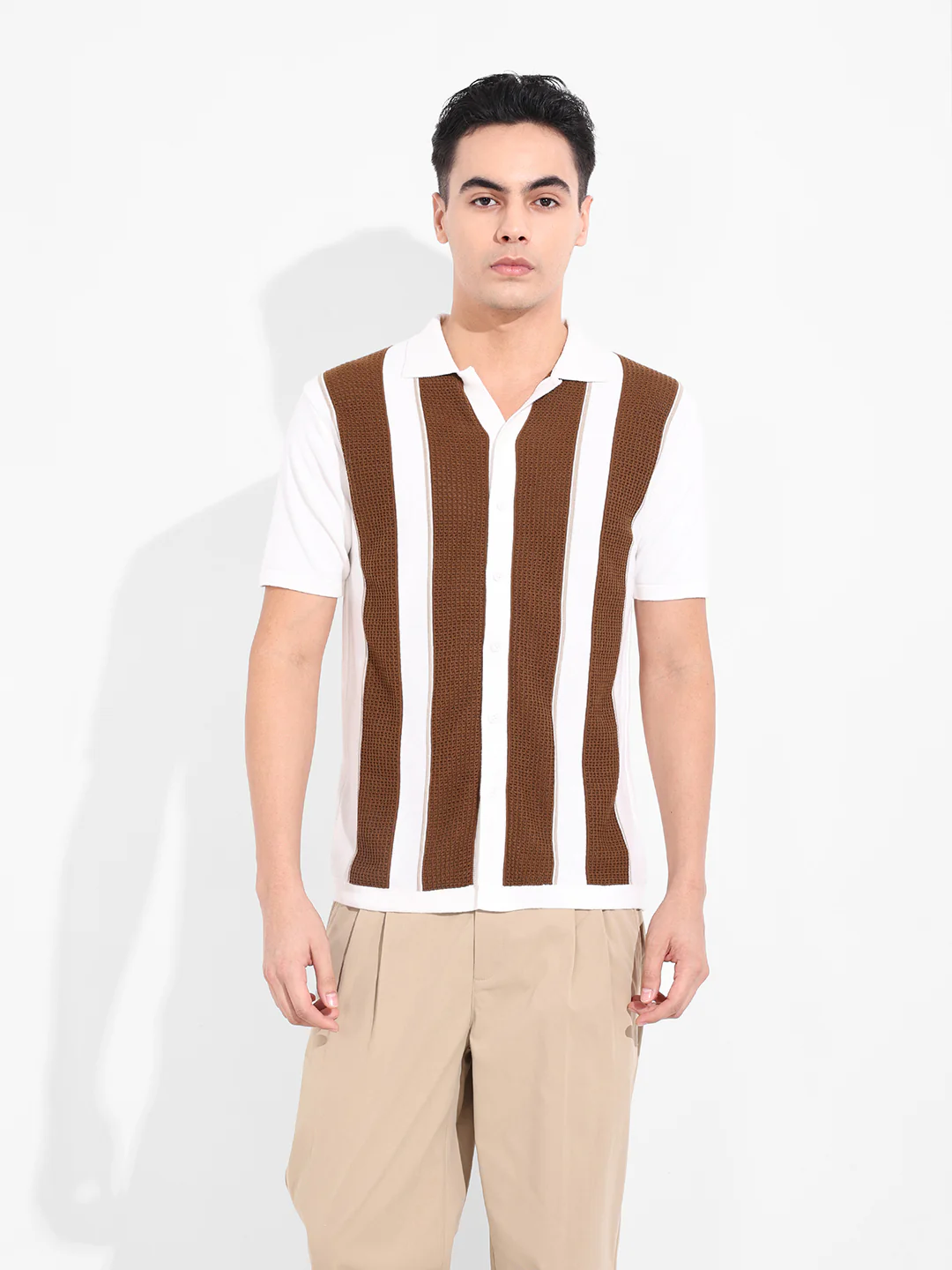 Men's Cream Slim Fit Striped Flat Knit Shirt - Image 2