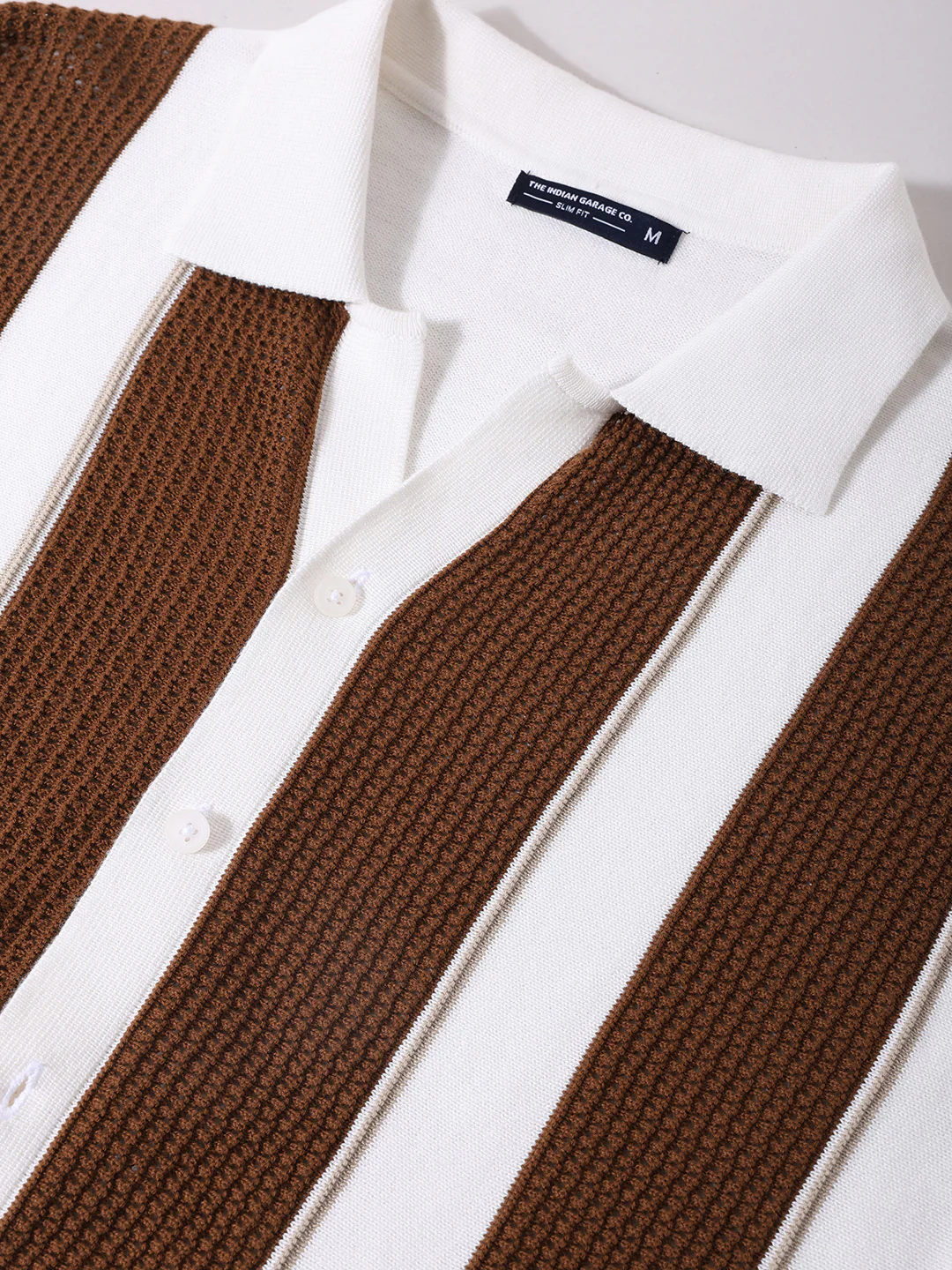 Men's Cream Slim Fit Striped Flat Knit Shirt - Image 3