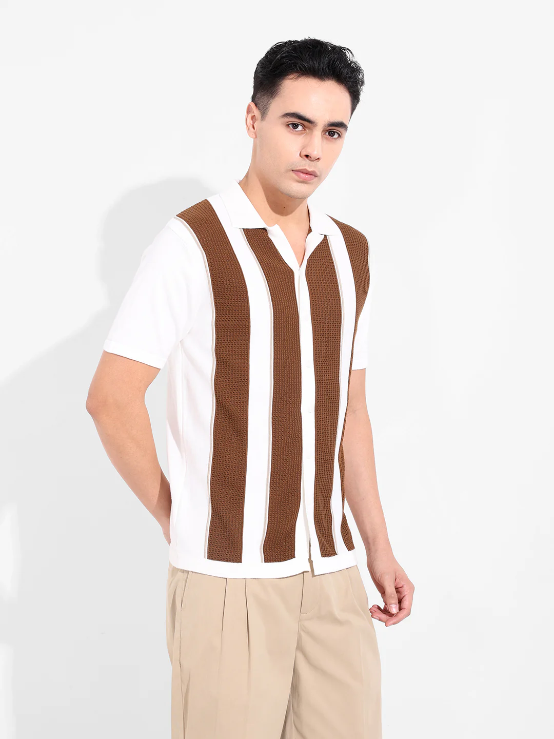 Men's Cream Slim Fit Striped Flat Knit Shirt - Image 4