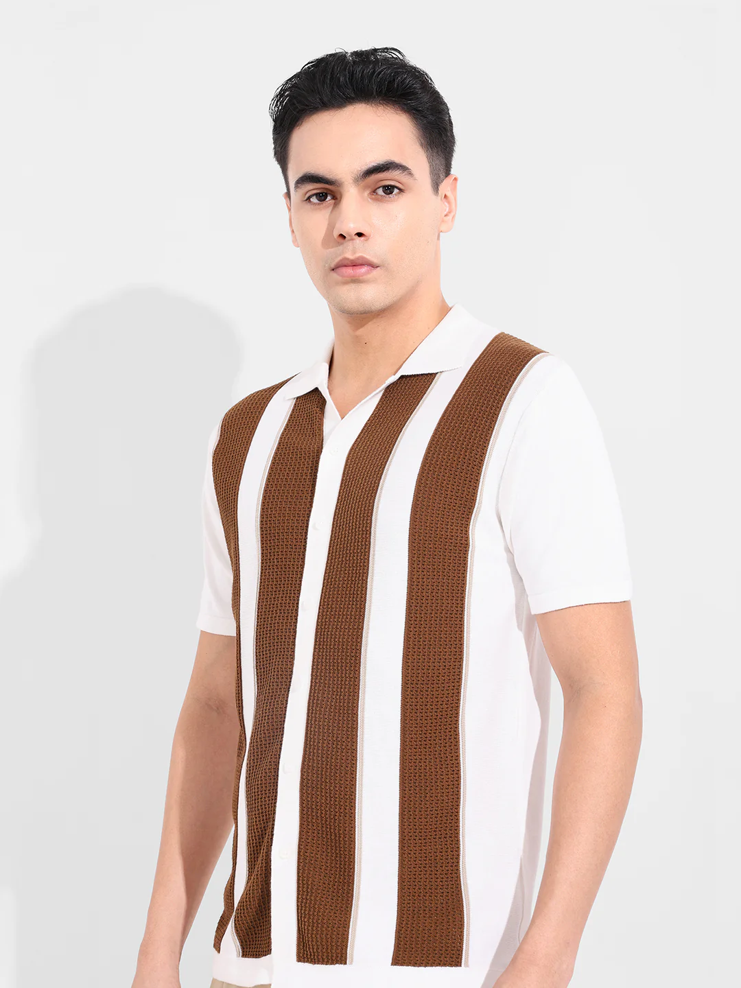 Men's Cream Slim Fit Striped Flat Knit Shirt - Image 5
