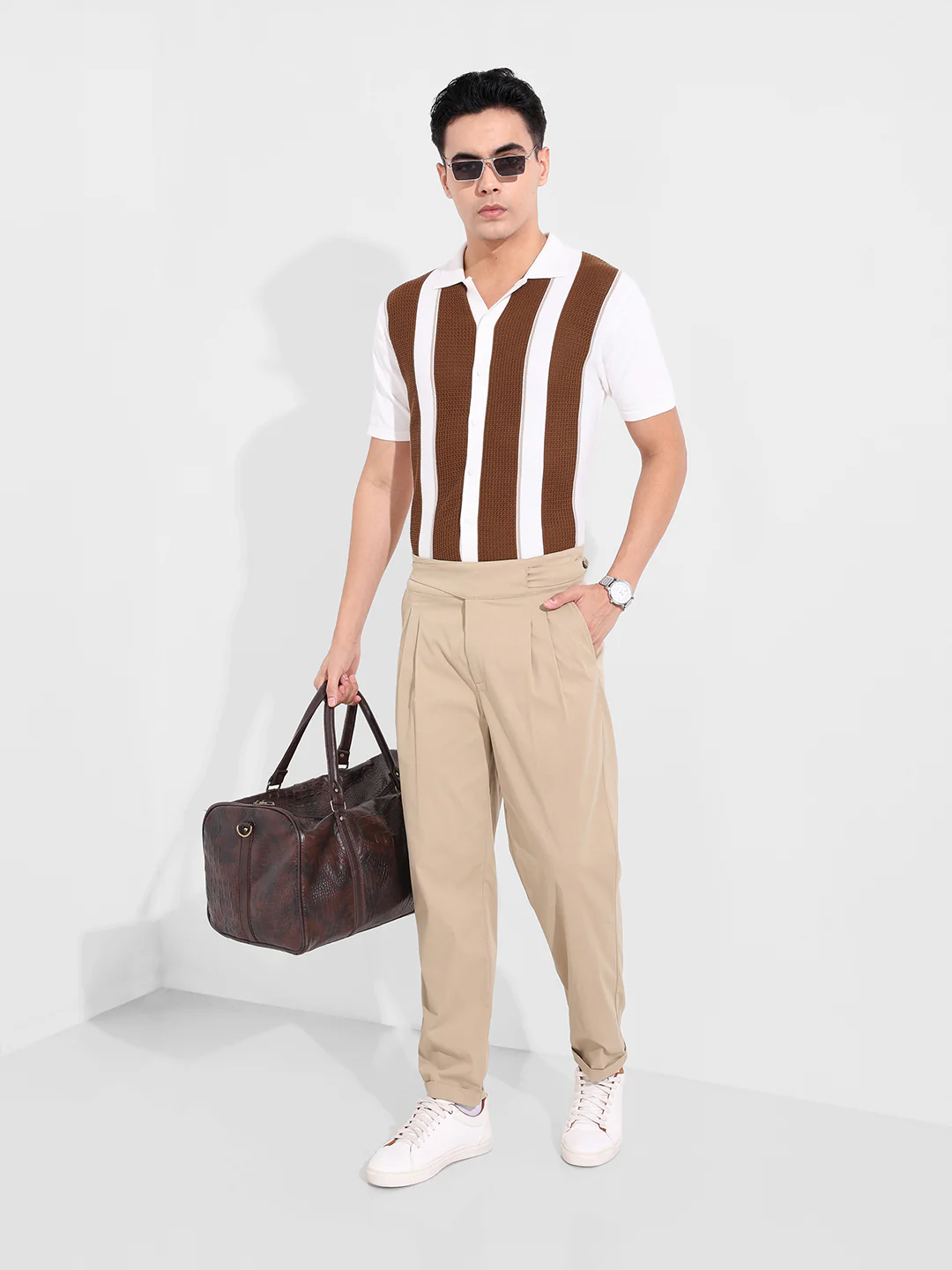 Men's Cream Slim Fit Striped Flat Knit Shirt - Image 7