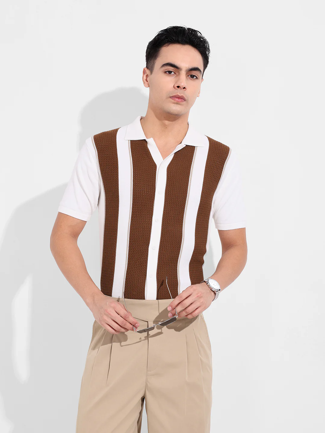Men's Cream Slim Fit Striped Flat Knit Shirt - Image 9