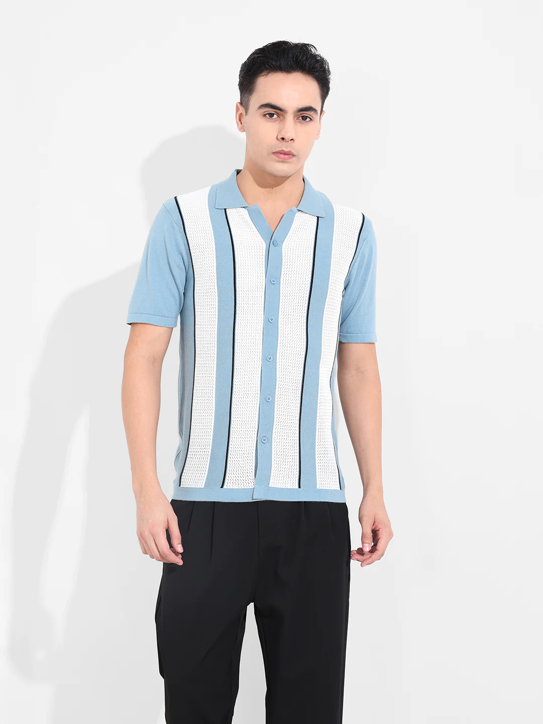 Men's Blue Slim Fit Striped Flat Knit Shirt - Image 2