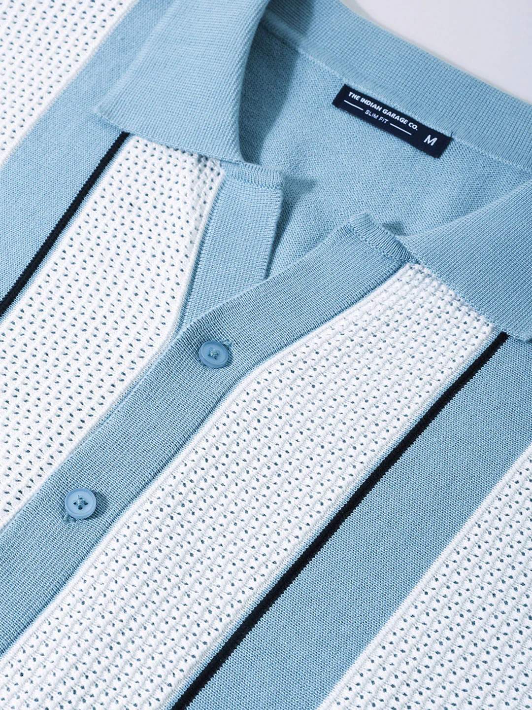Men's Blue Slim Fit Striped Flat Knit Shirt - Image 3