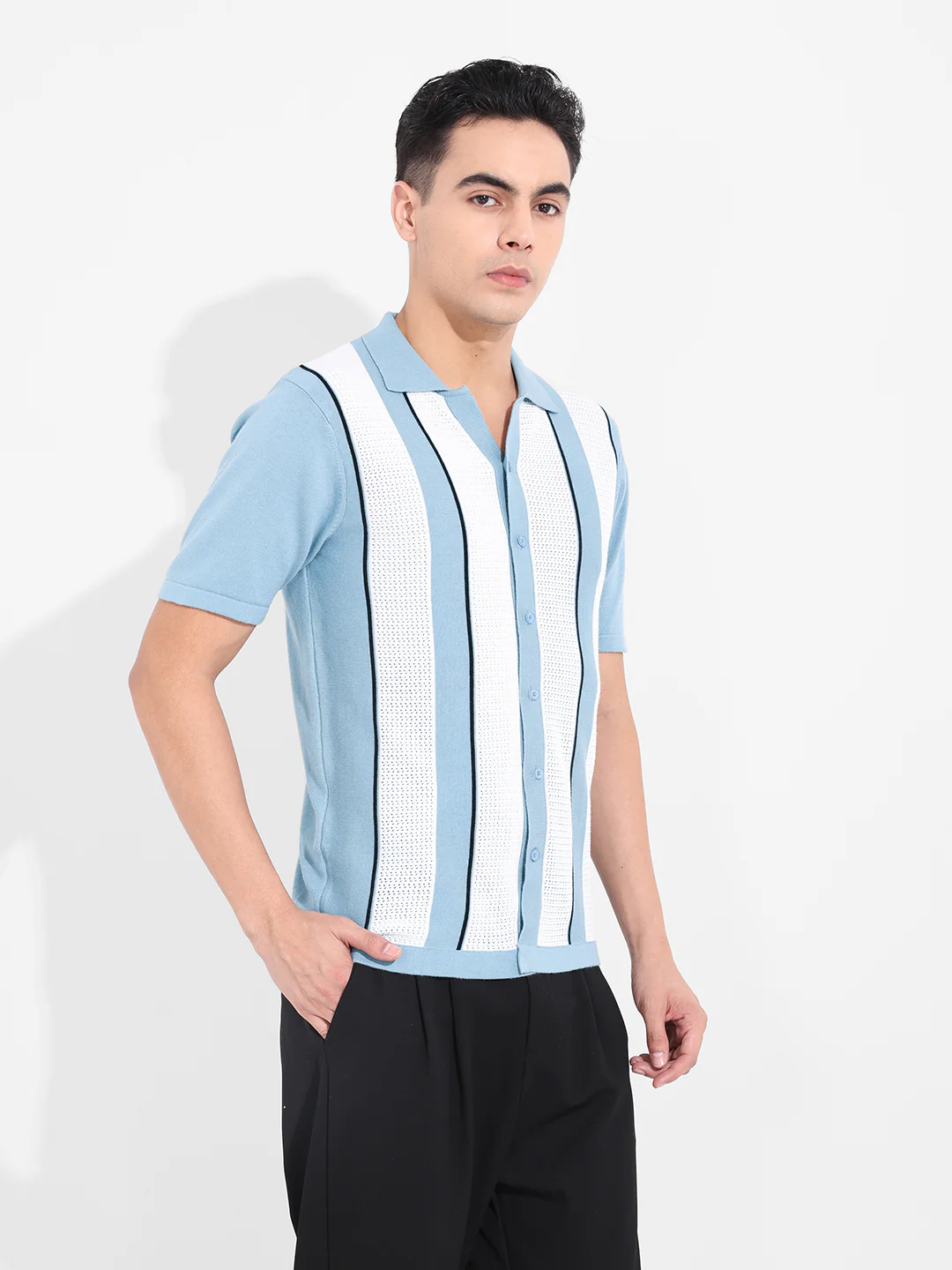 Men's Blue Slim Fit Striped Flat Knit Shirt - Image 4