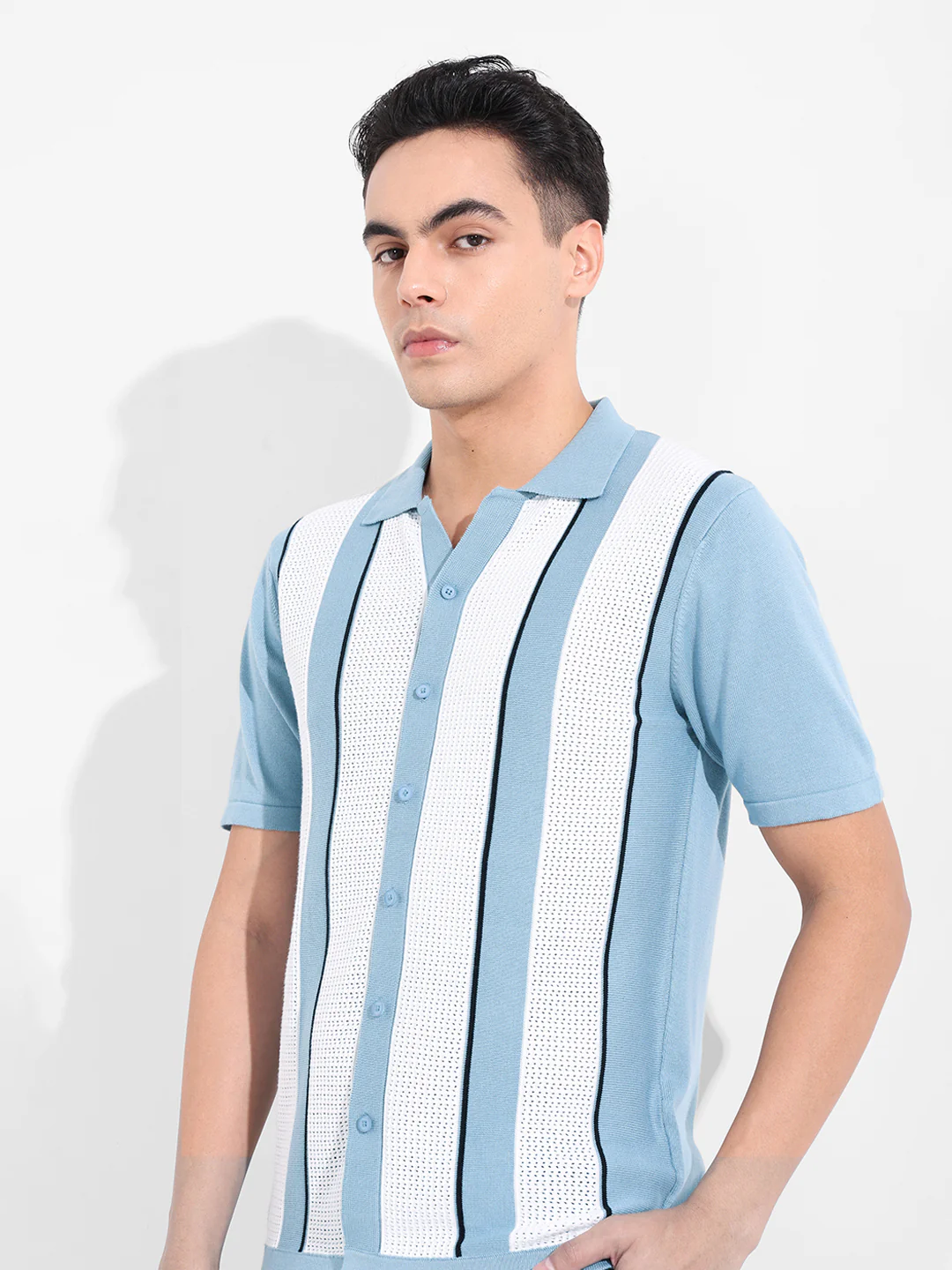 Men's Blue Slim Fit Striped Flat Knit Shirt - Image 5