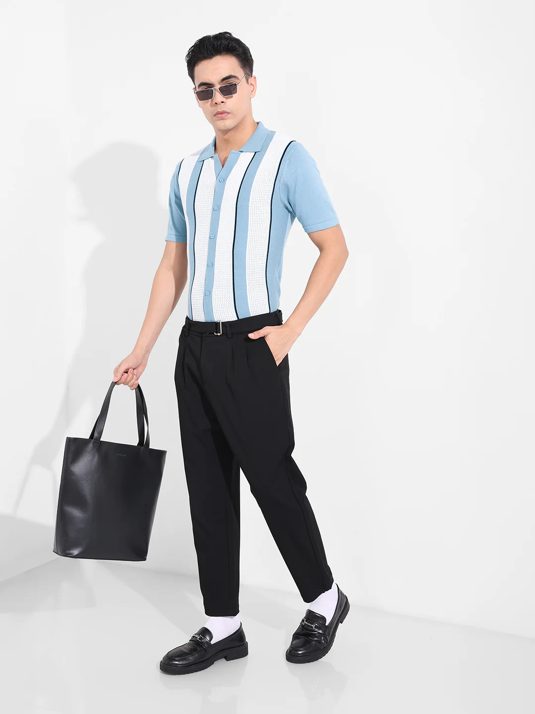 Men's Blue Slim Fit Striped Flat Knit Shirt - Image 7
