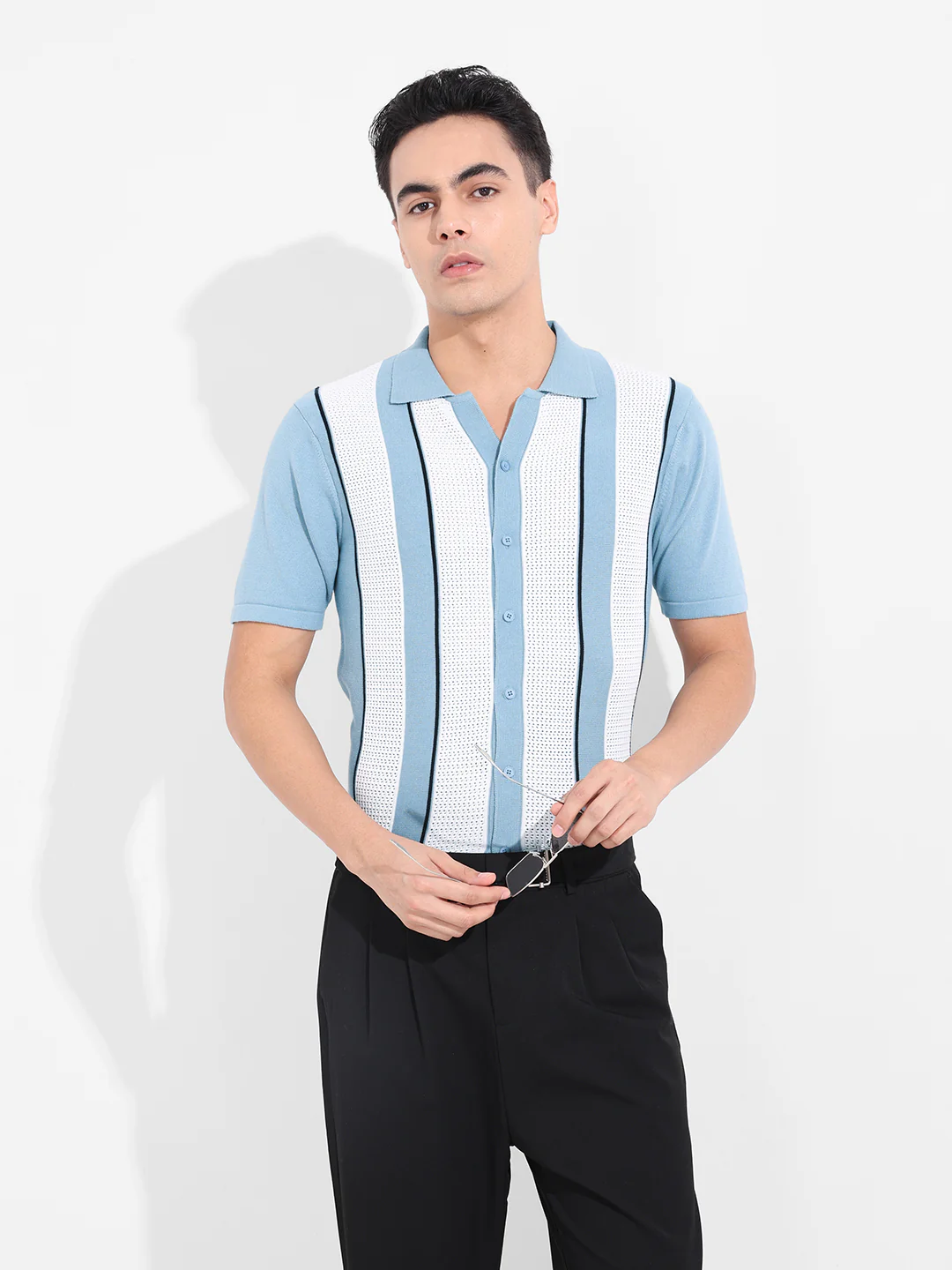 Men's Blue Slim Fit Striped Flat Knit Shirt - Image 9