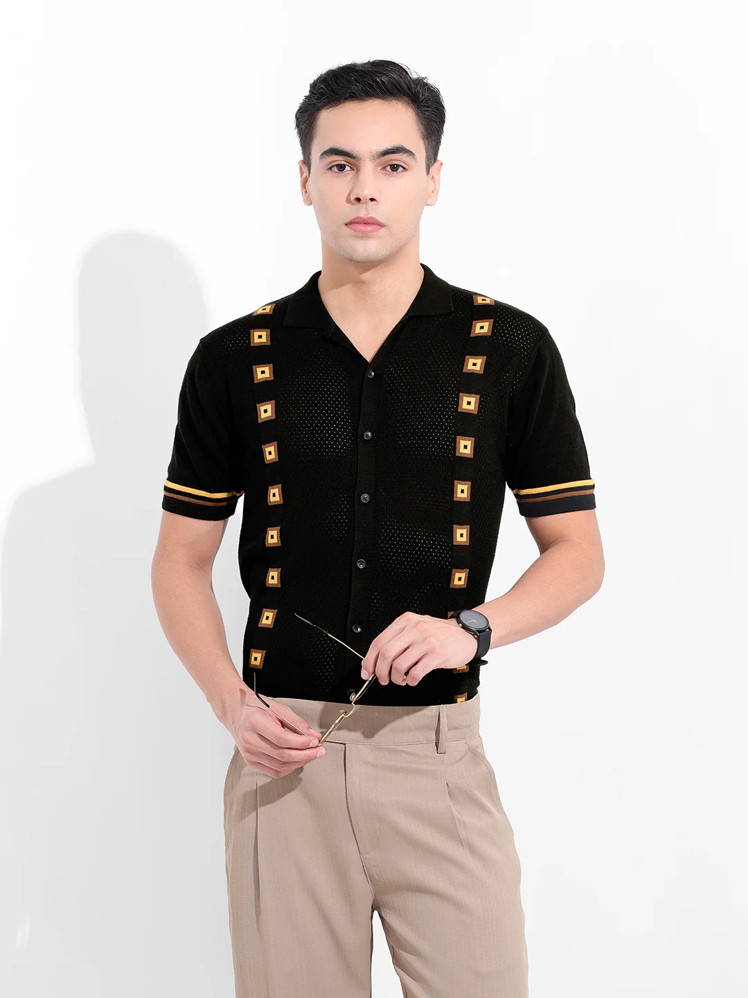 Men's Black Slim Fit Striped Flat Knit Shirt - Image 2