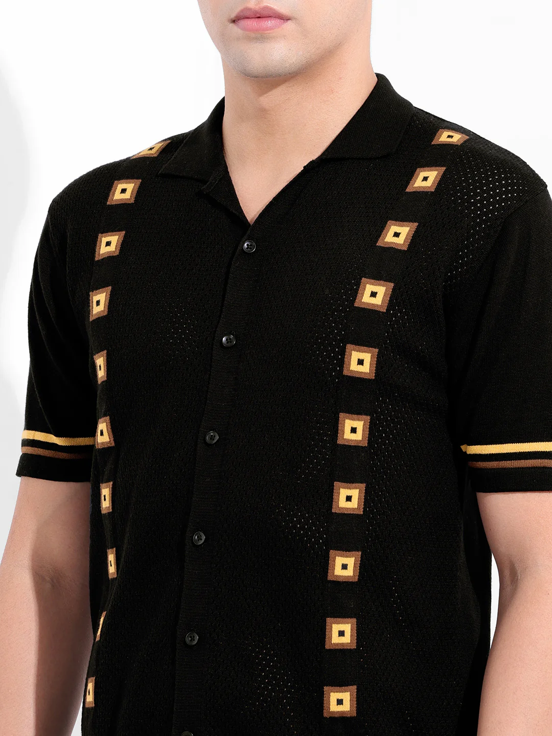 Men's Black Slim Fit Striped Flat Knit Shirt - Image 3