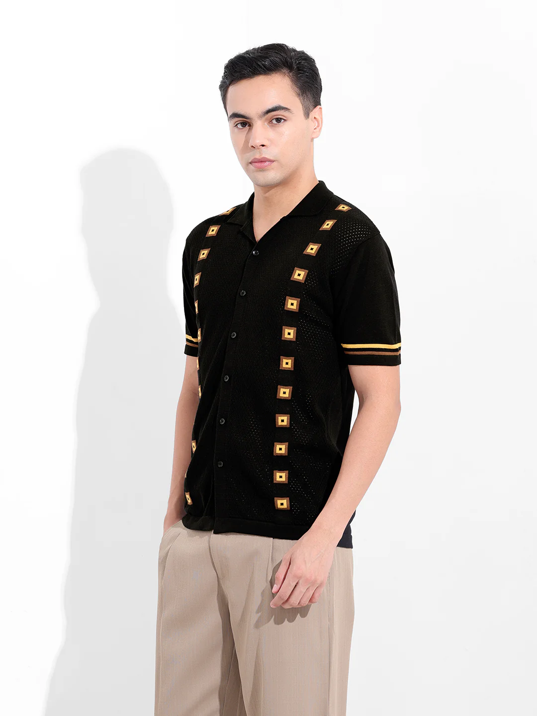 Men's Black Slim Fit Striped Flat Knit Shirt - Image 4