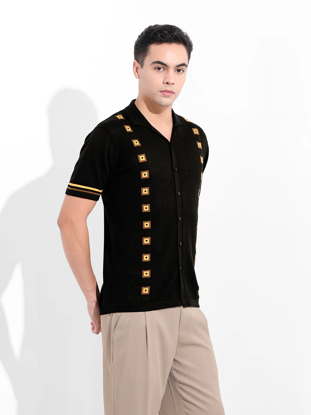 Men's Black Slim Fit Striped Flat Knit Shirt - Image 5