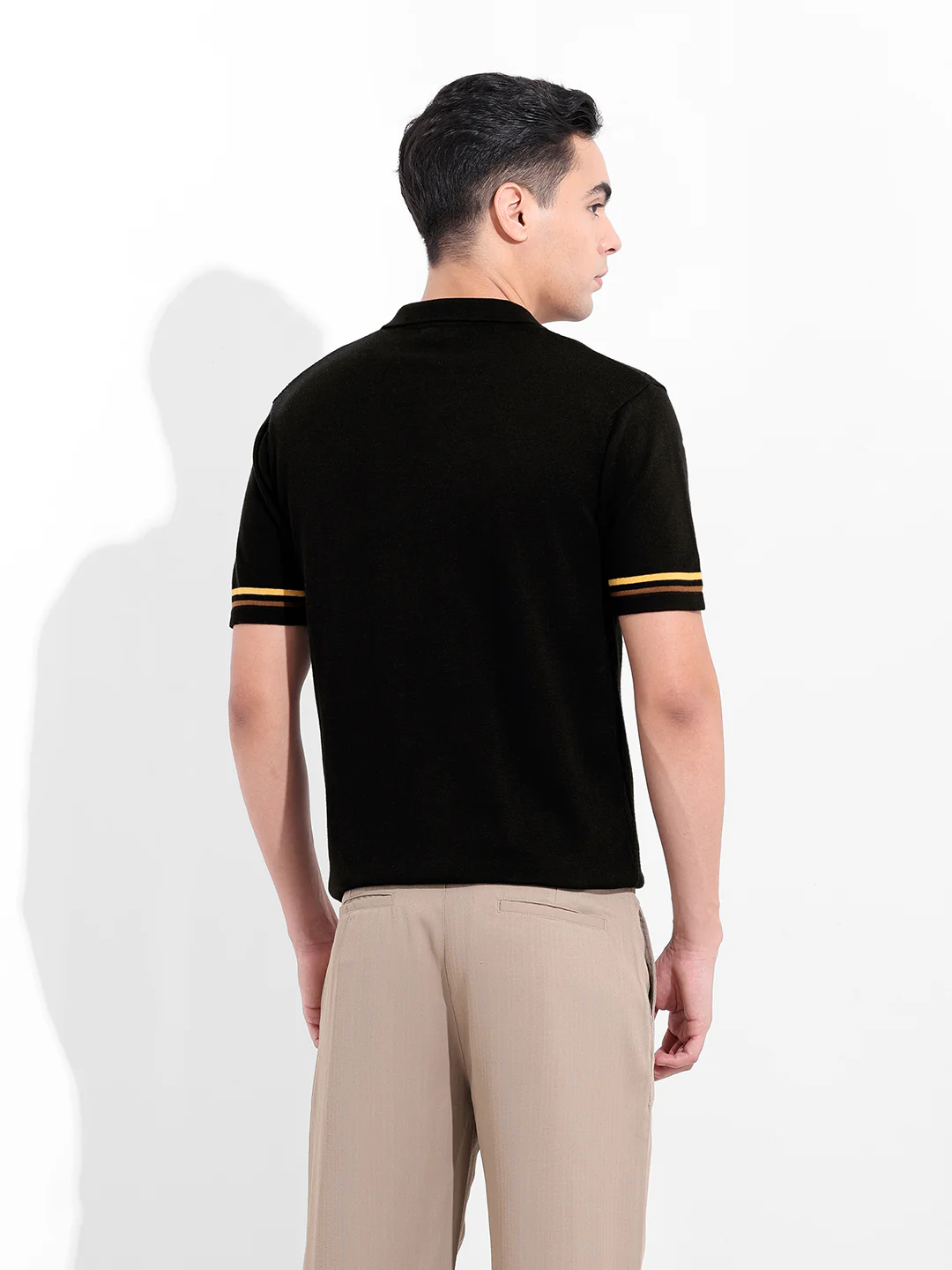 Men's Black Slim Fit Striped Flat Knit Shirt - Image 6