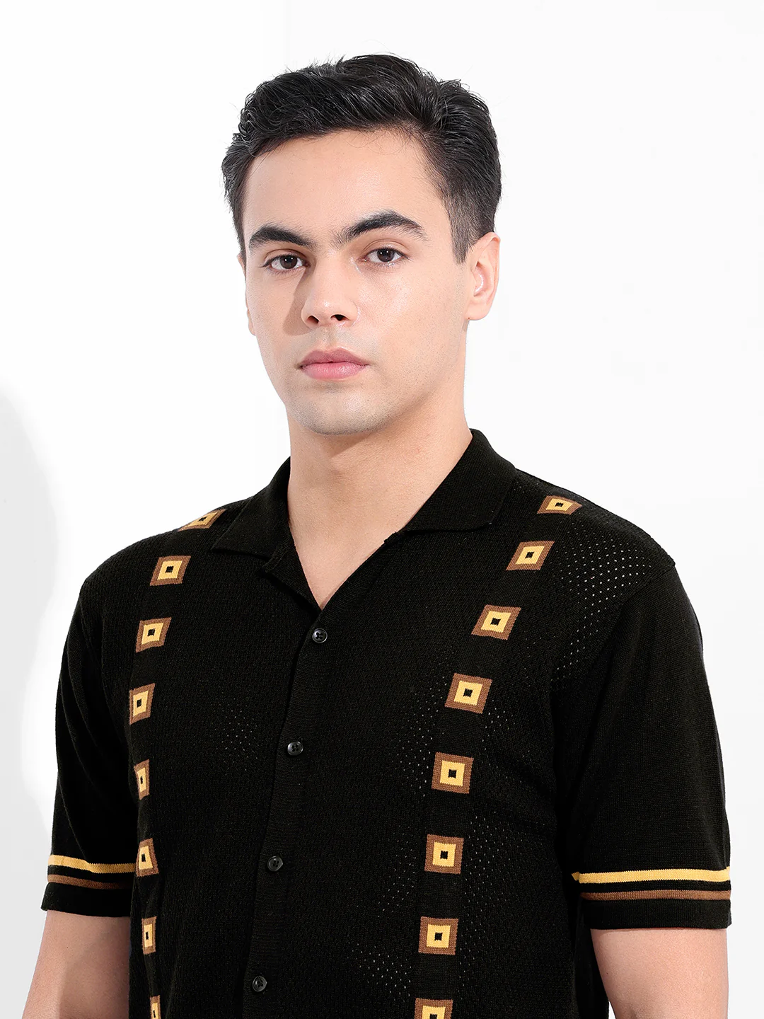 Men's Black Slim Fit Striped Flat Knit Shirt - Image 7