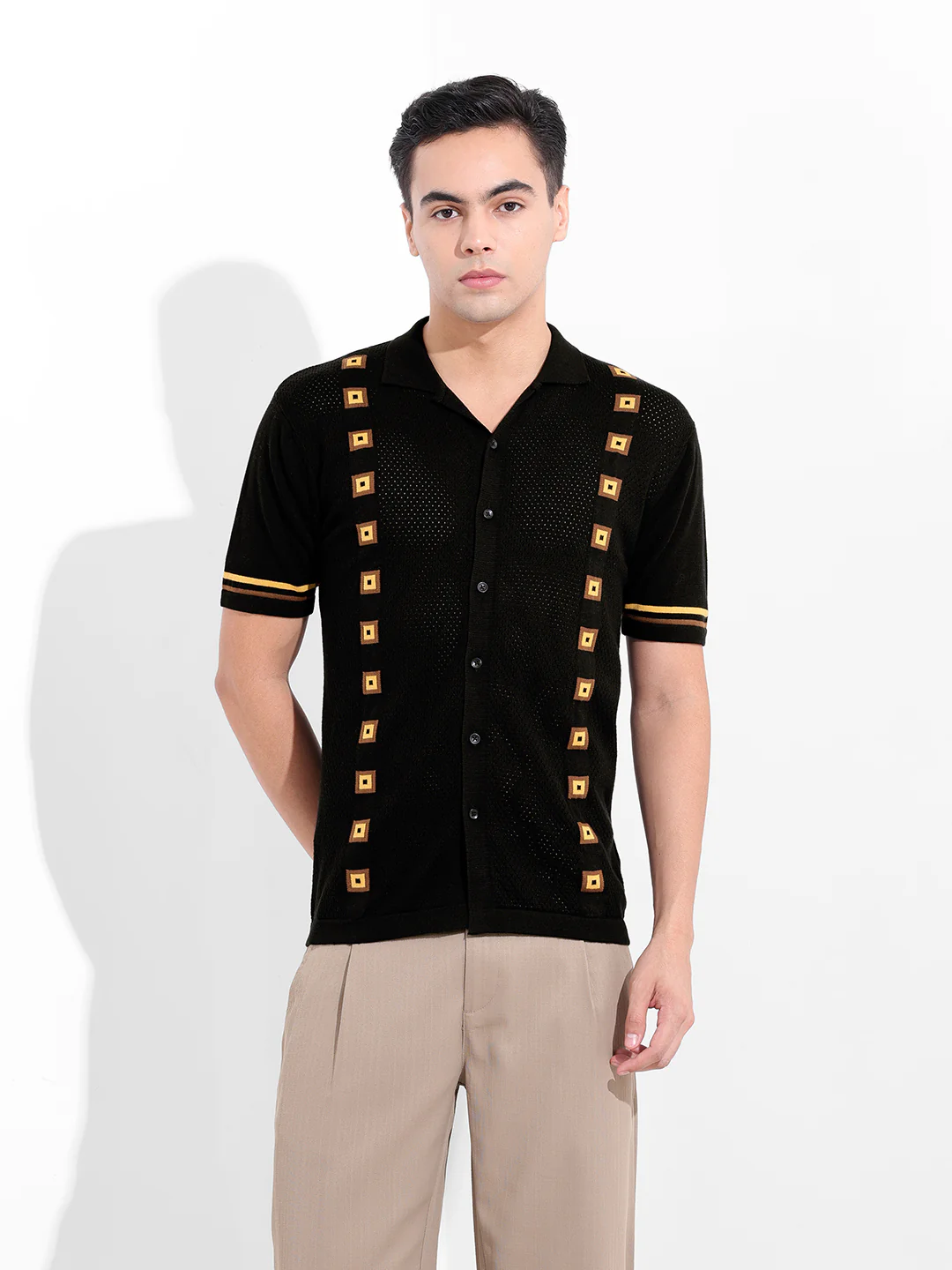 Men's Black Slim Fit Striped Flat Knit Shirt - Image 8