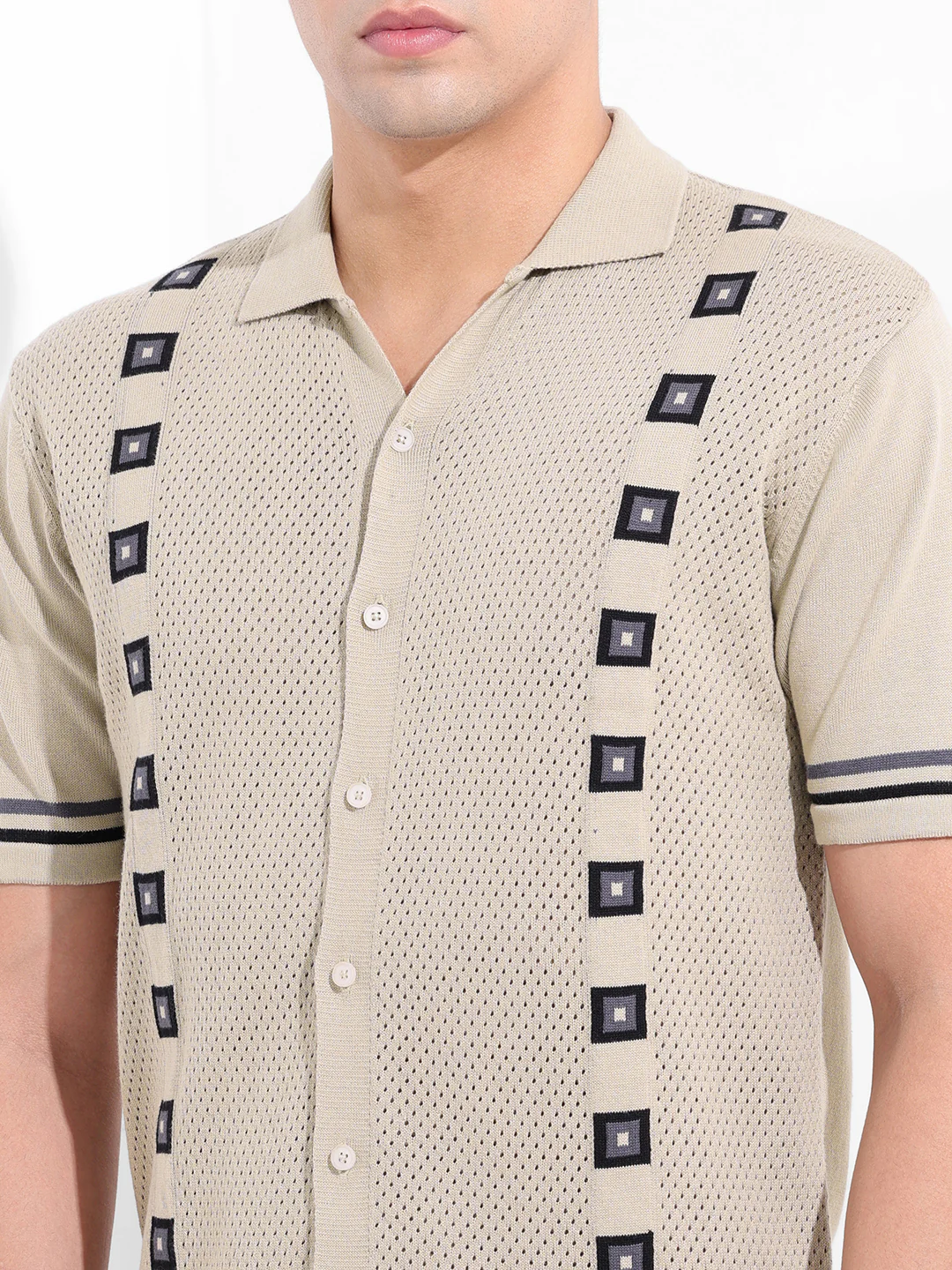 Men's Cream Slim Fit Striped Flat Knit Shirt - Image 3