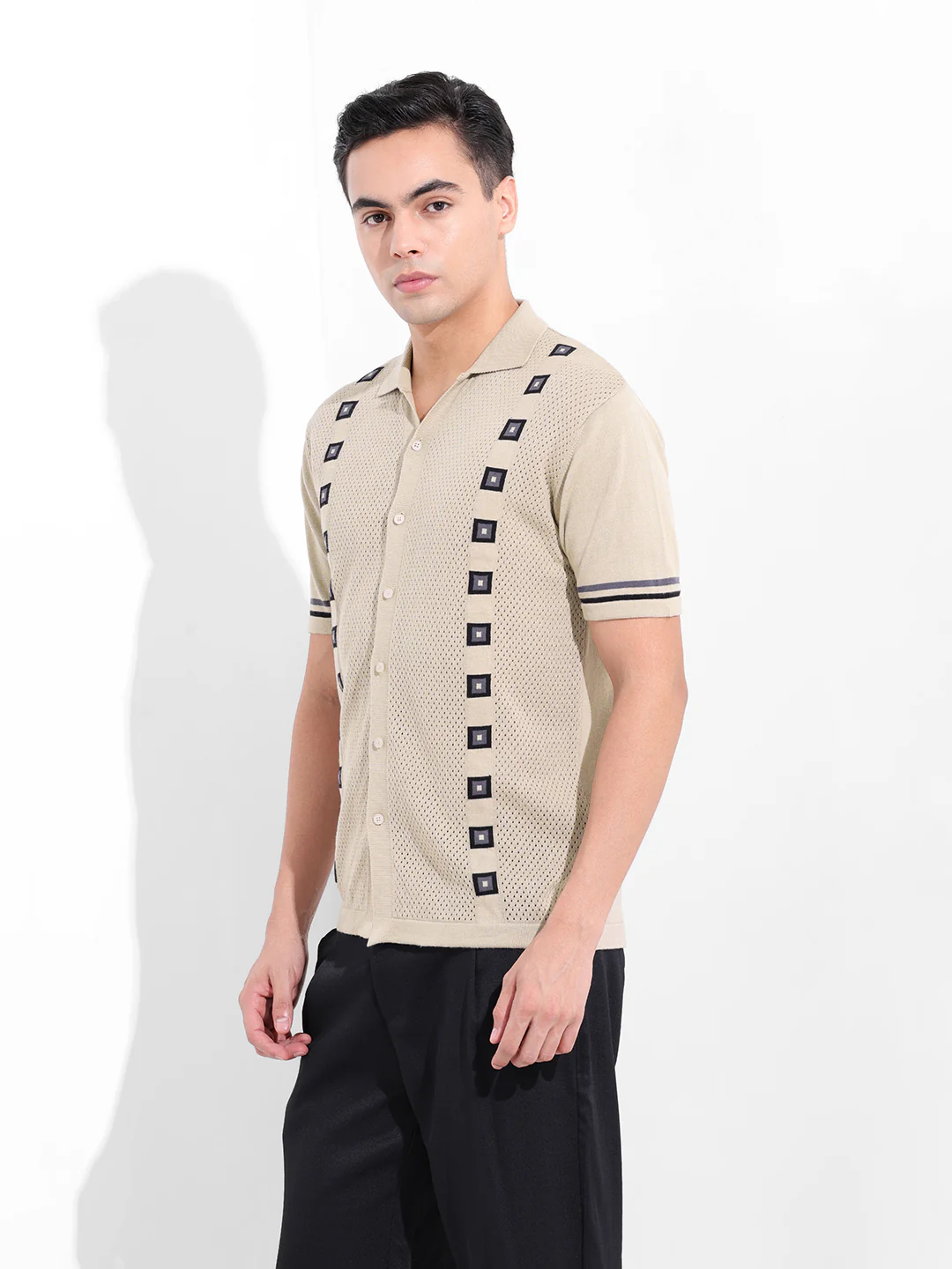 Men's Cream Slim Fit Striped Flat Knit Shirt - Image 4