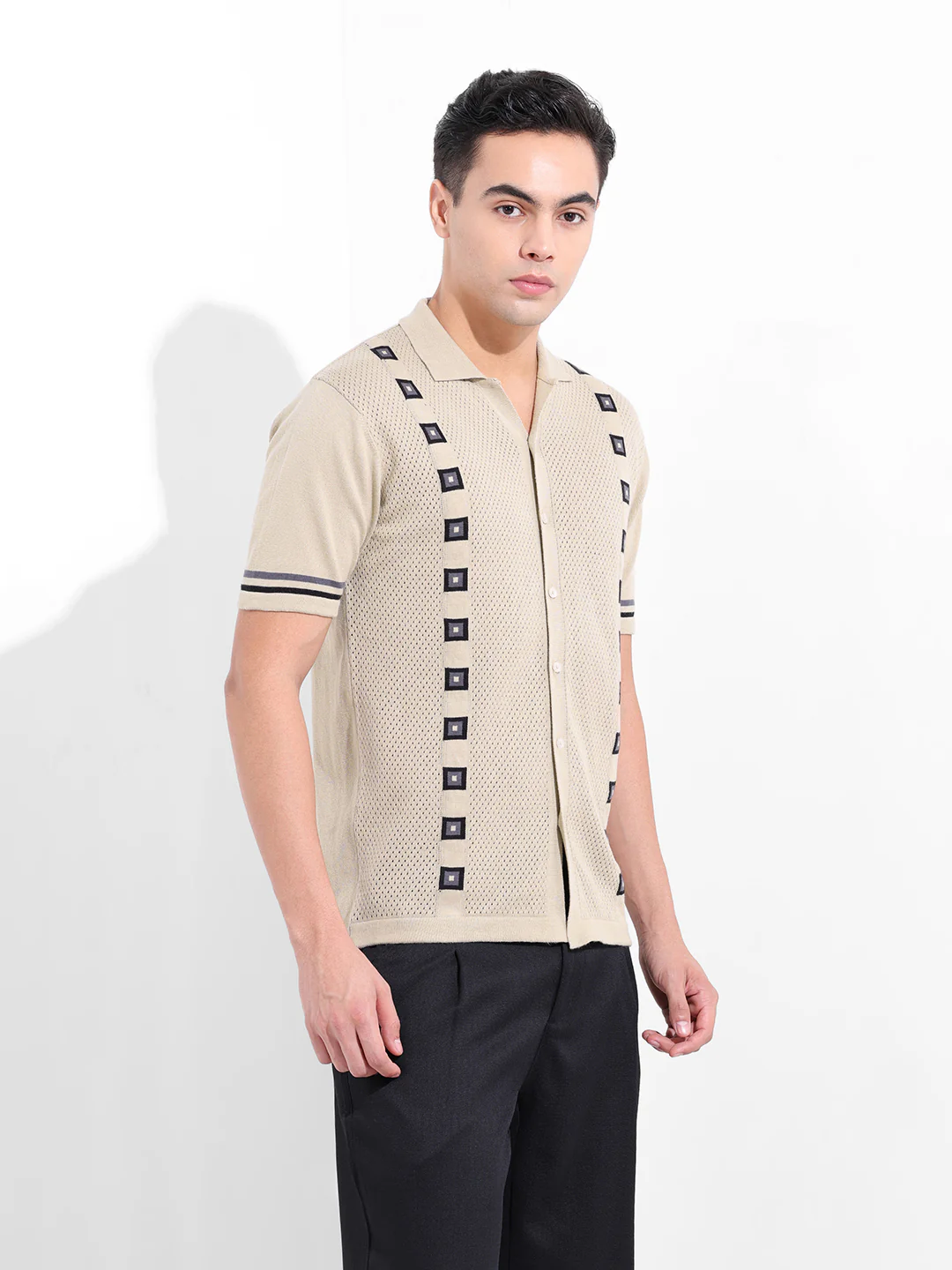 Men's Cream Slim Fit Striped Flat Knit Shirt - Image 5