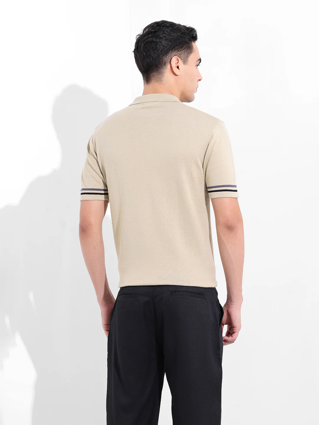 Men's Cream Slim Fit Striped Flat Knit Shirt - Image 6