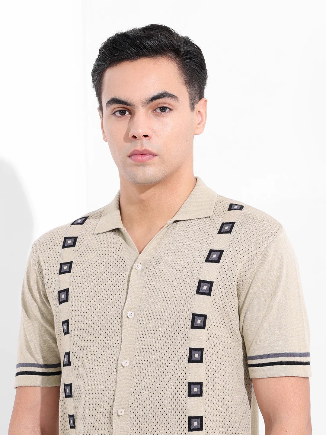 Men's Cream Slim Fit Striped Flat Knit Shirt - Image 7