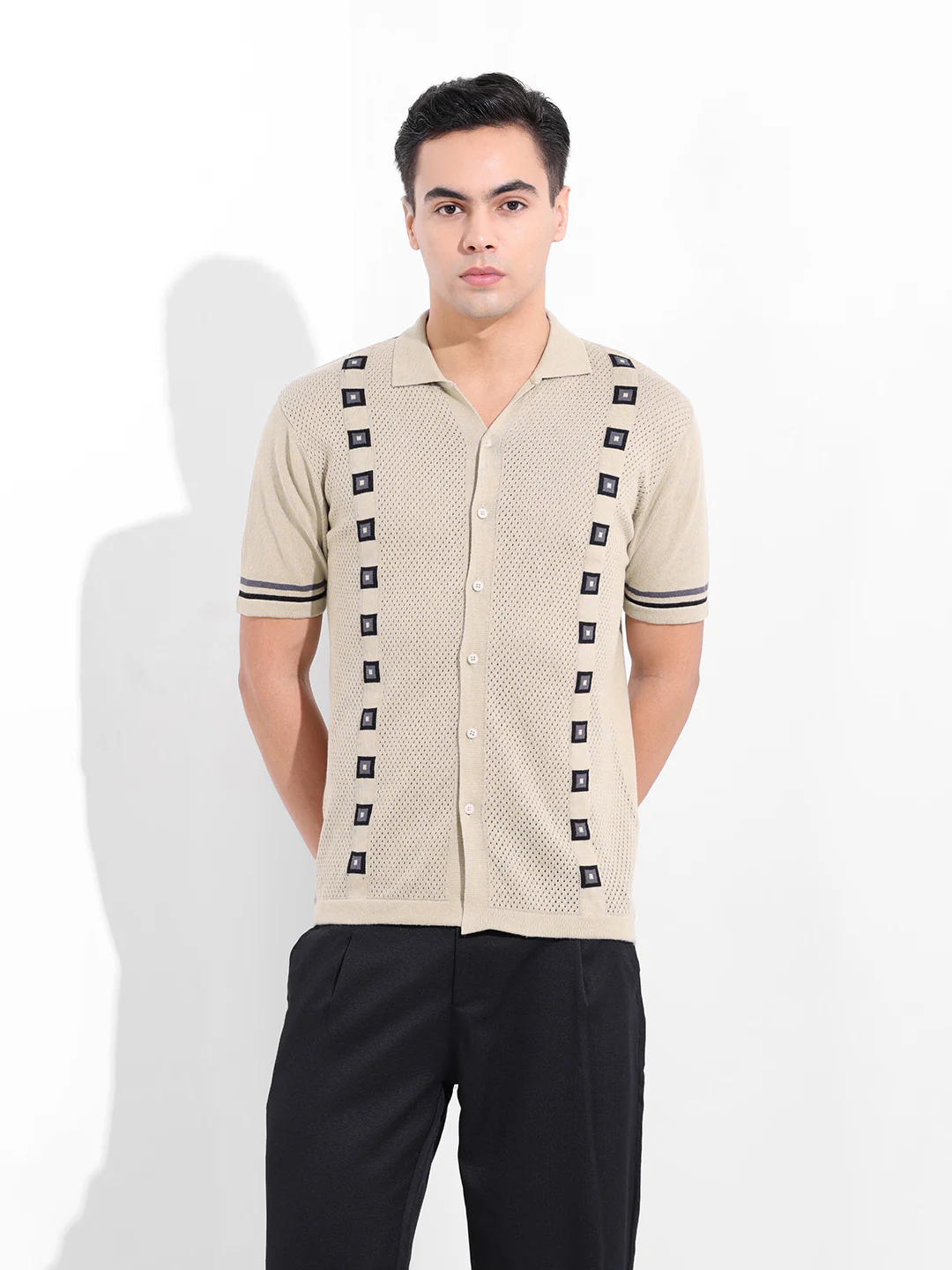 Men's Cream Slim Fit Striped Flat Knit Shirt - Image 8