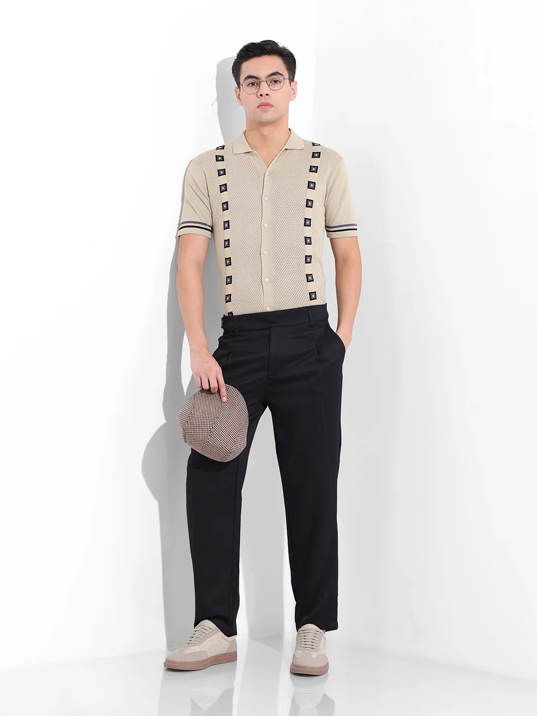 Men's Cream Slim Fit Striped Flat Knit Shirt - Image 9