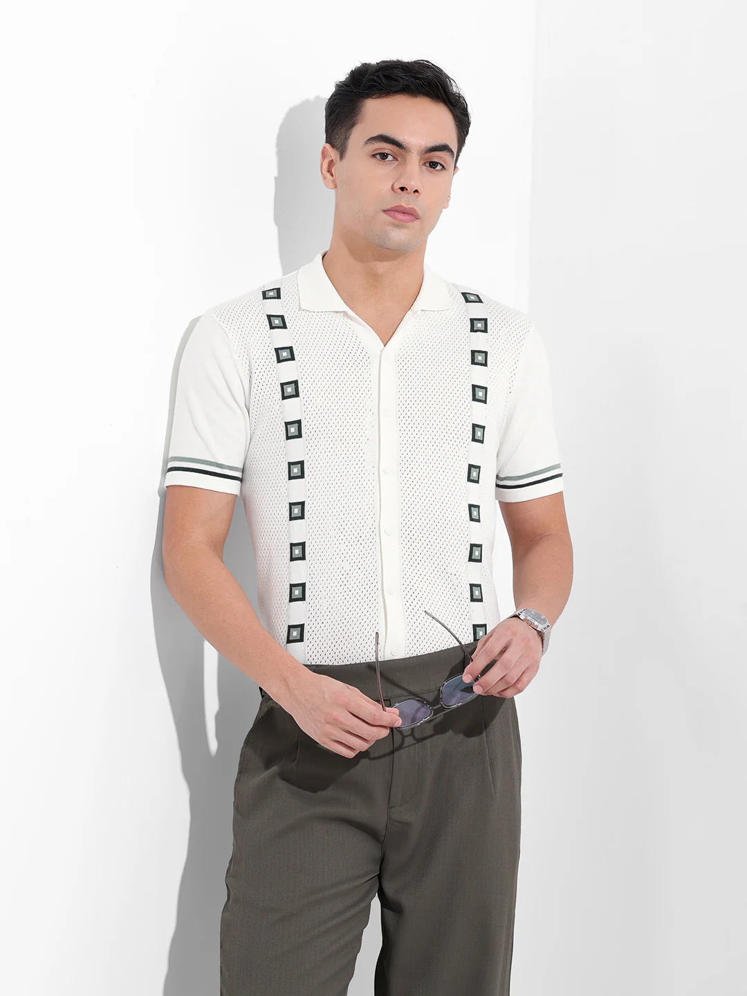 Men's White Slim Fit Striped Flat Knit Shirt - Image 2