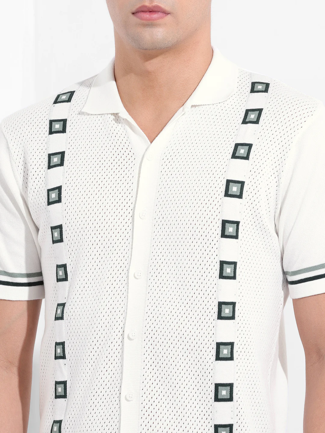 Men's White Slim Fit Striped Flat Knit Shirt - Image 3