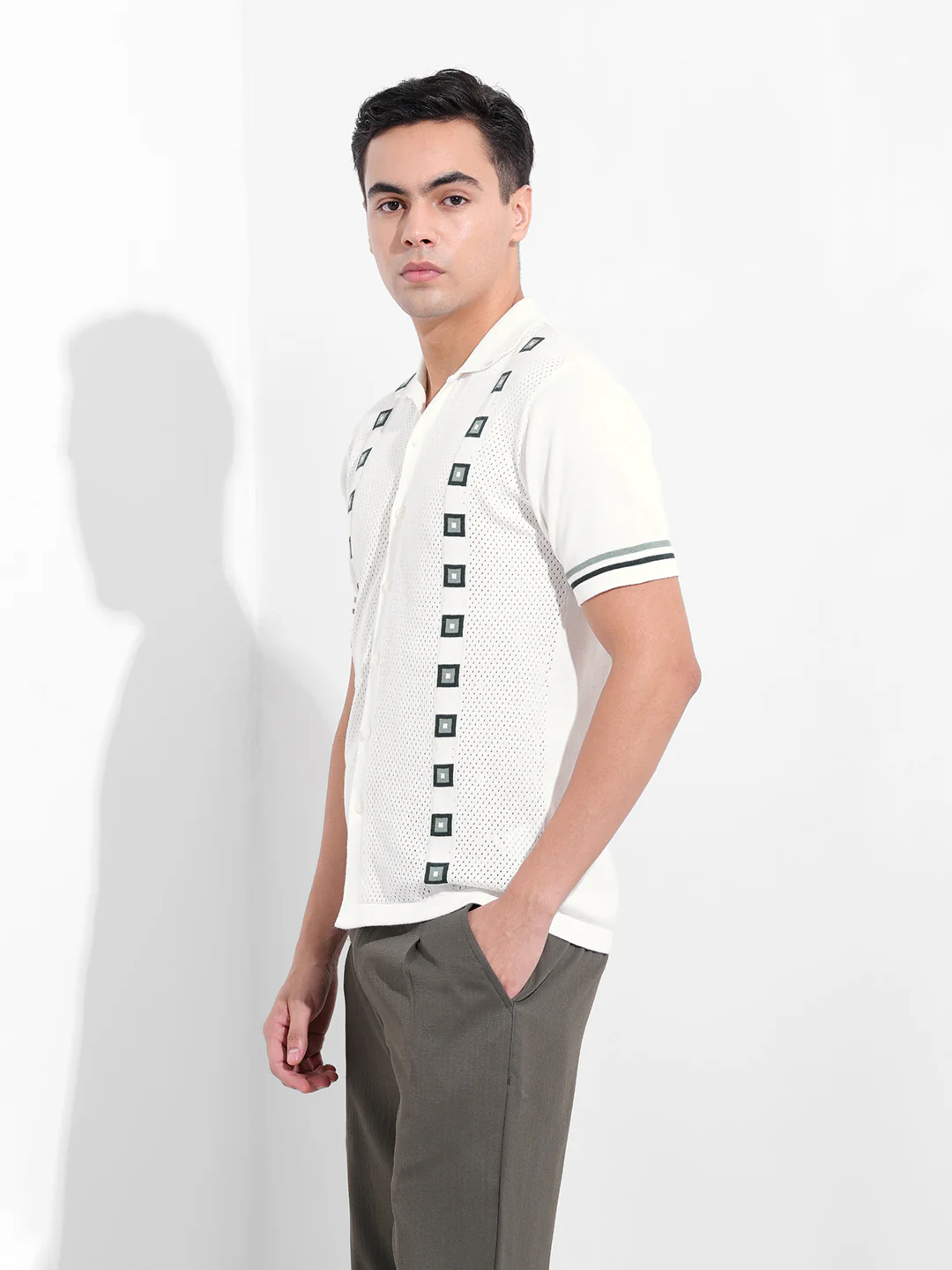 Men's White Slim Fit Striped Flat Knit Shirt - Image 4