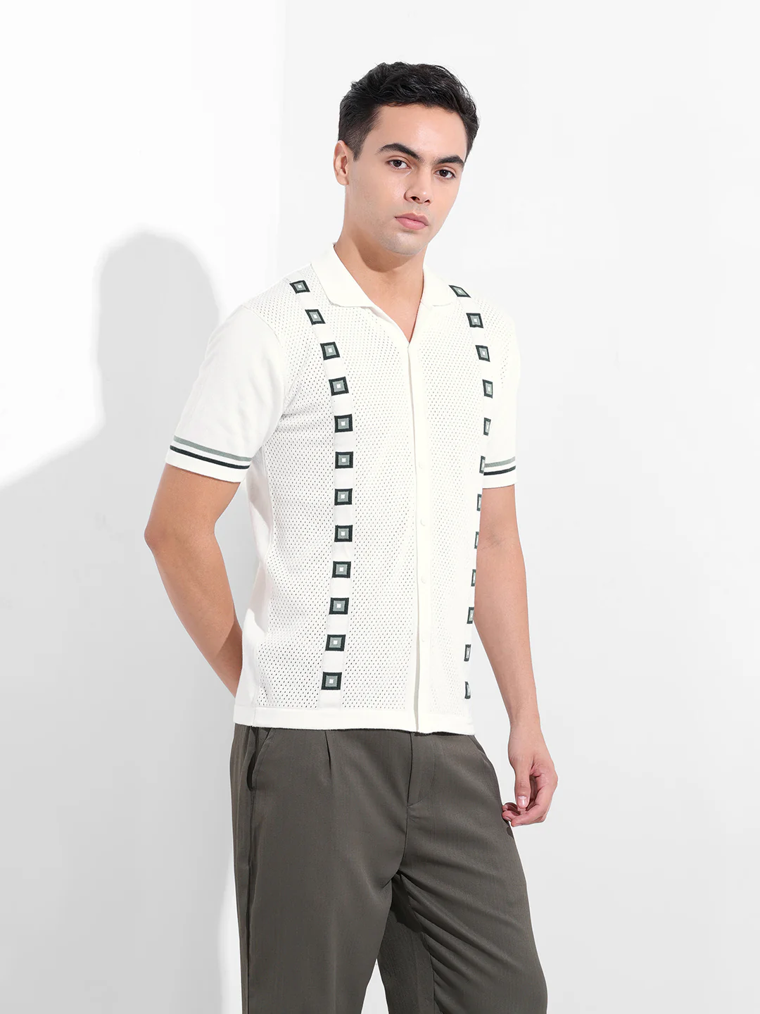 Men's White Slim Fit Striped Flat Knit Shirt - Image 5