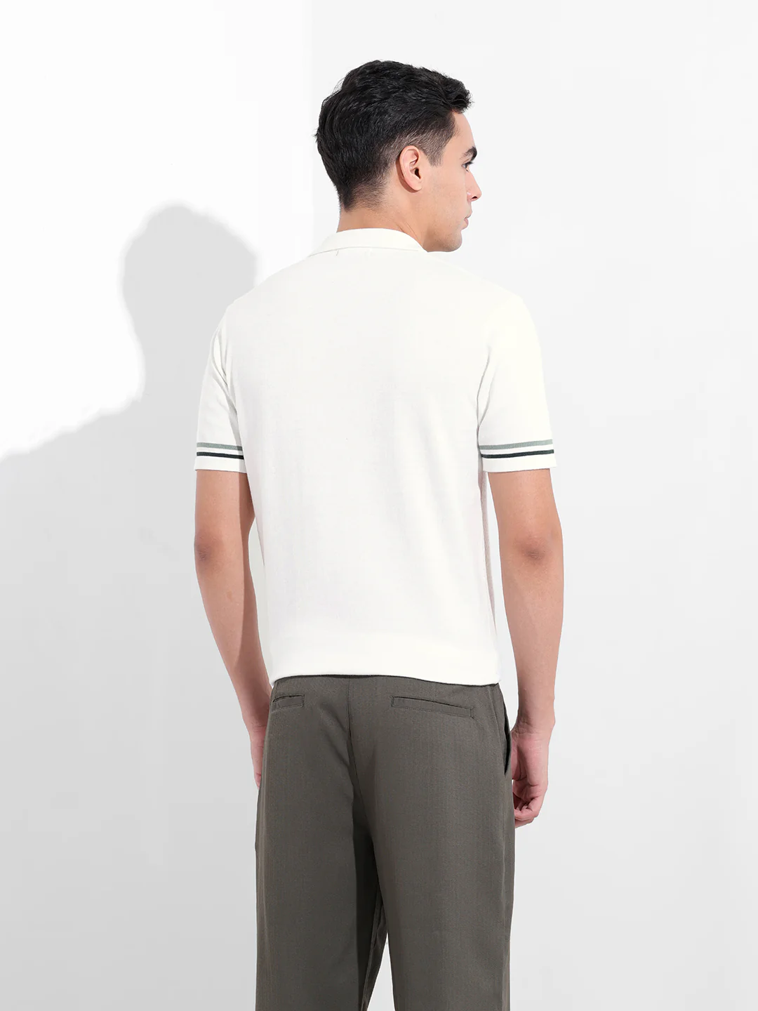 Men's White Slim Fit Striped Flat Knit Shirt - Image 6