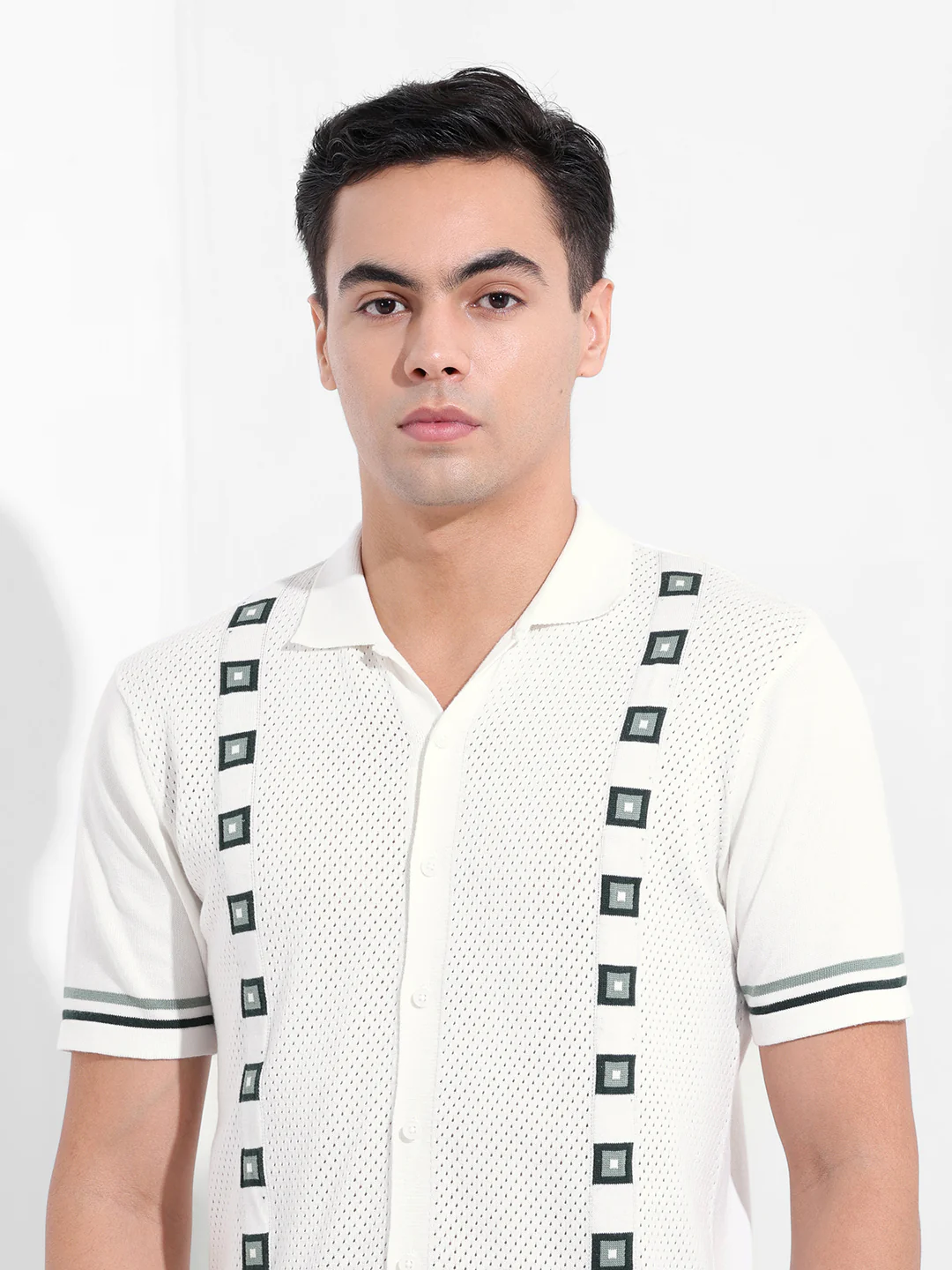 Men's White Slim Fit Striped Flat Knit Shirt - Image 7