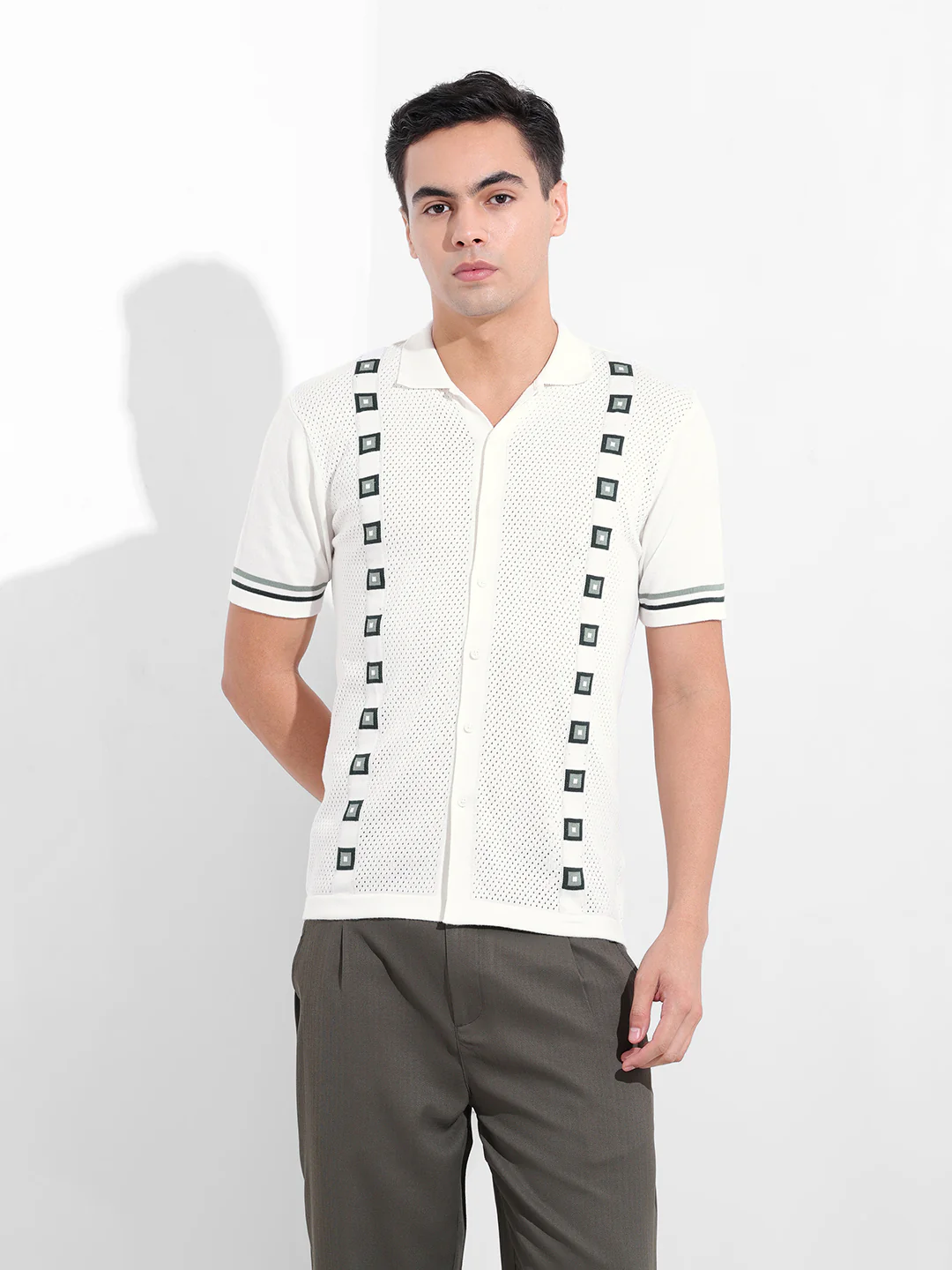 Men's White Slim Fit Striped Flat Knit Shirt - Image 8