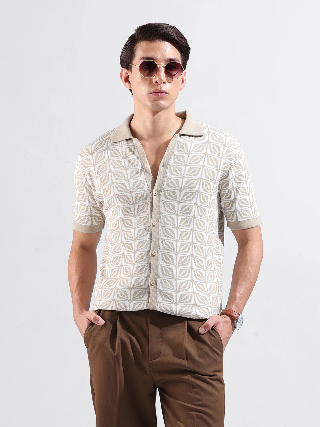 Men's Beige Slim Fit Printed Flat Knit Shirt - Image 2