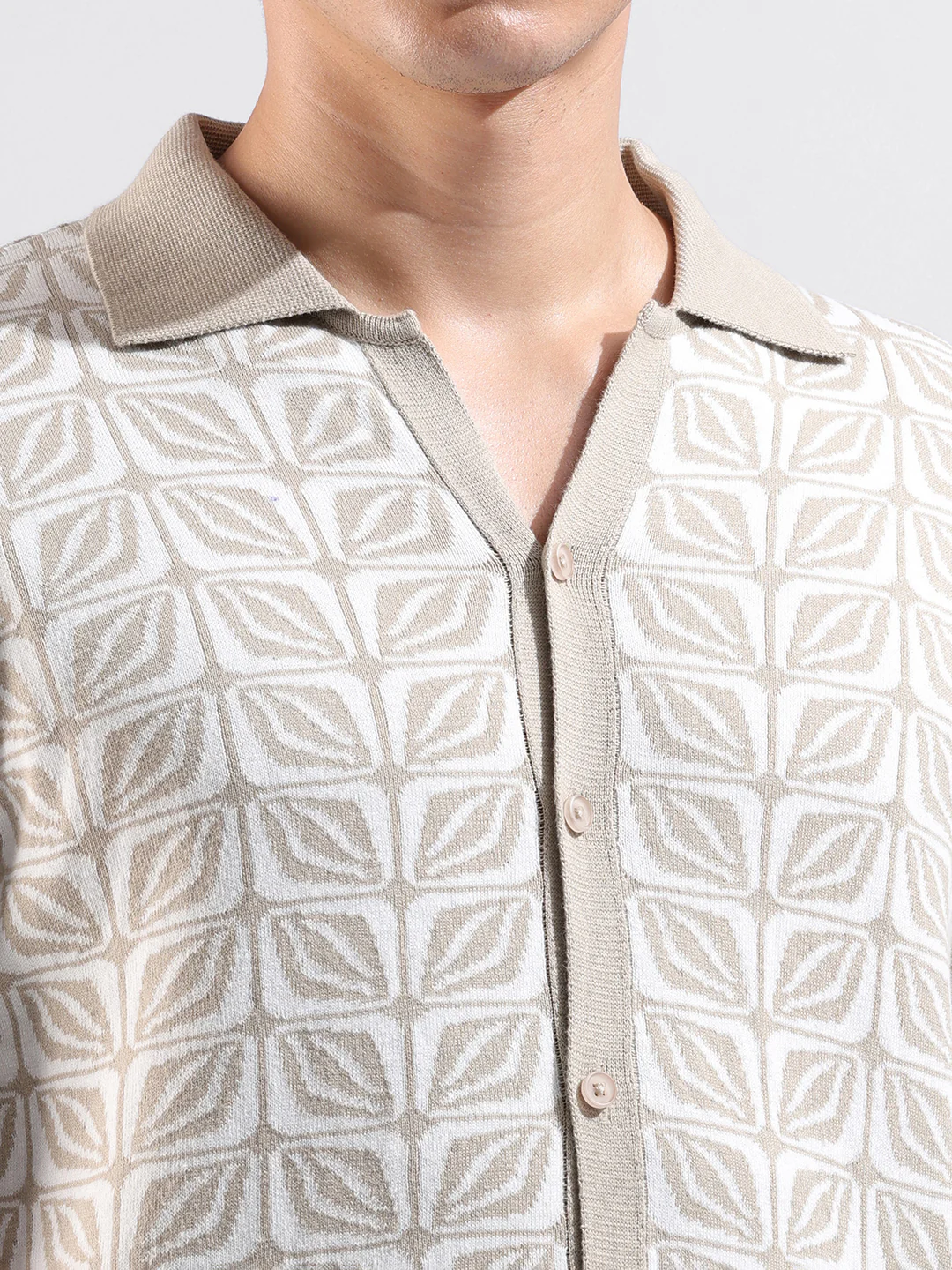 Men's Beige Slim Fit Printed Flat Knit Shirt - Image 3