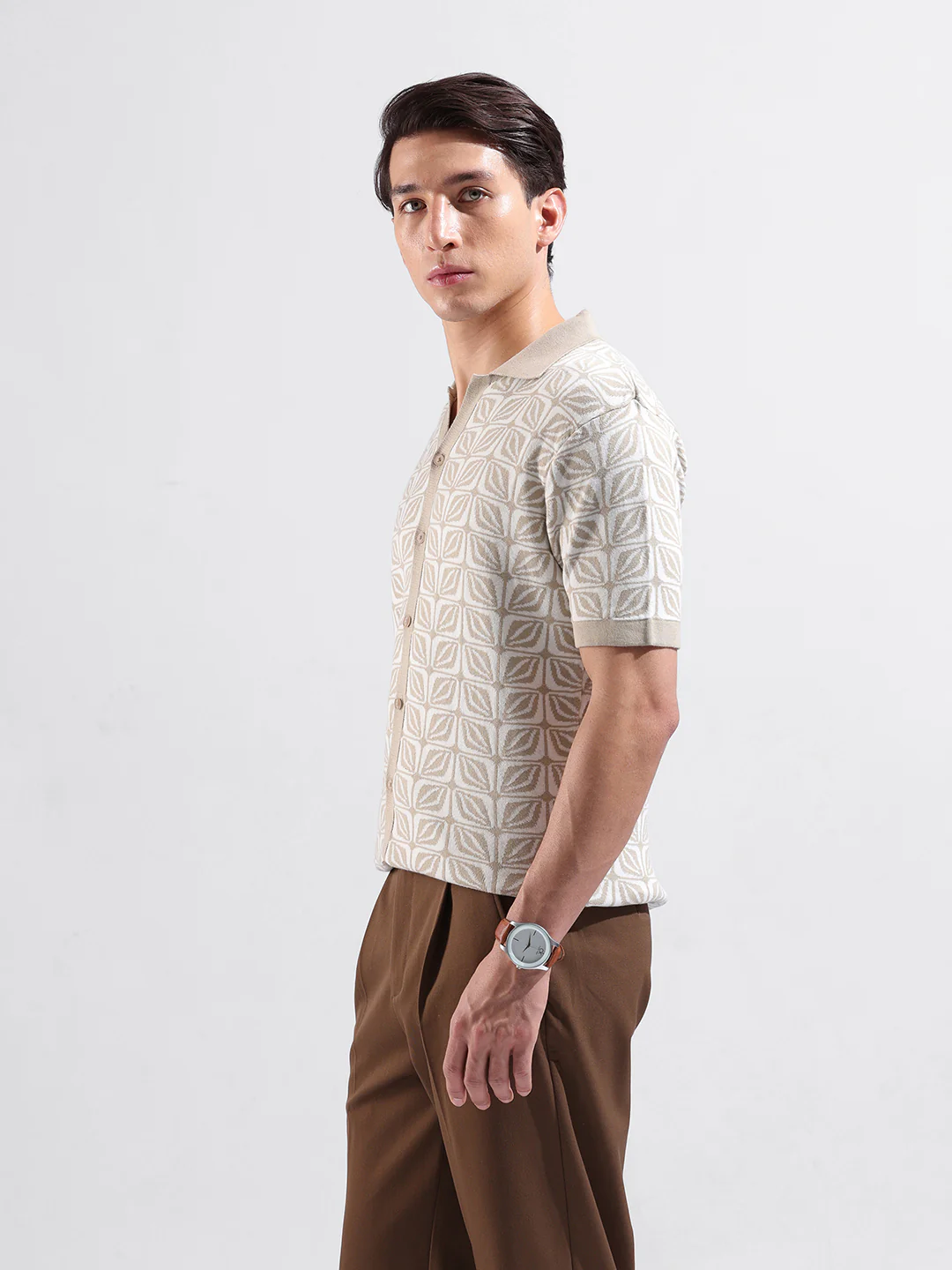 Men's Beige Slim Fit Printed Flat Knit Shirt - Image 4