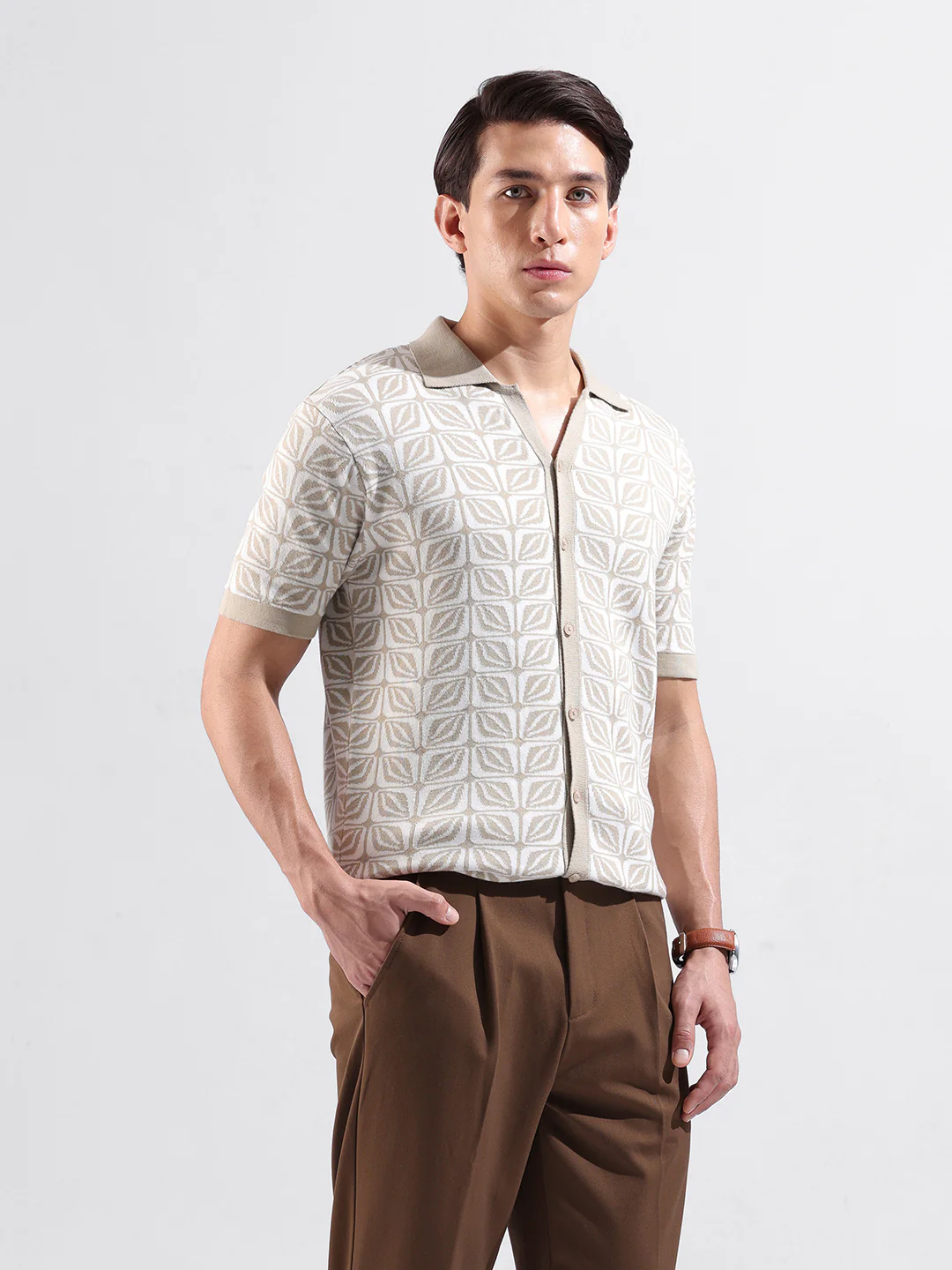 Men's Beige Slim Fit Printed Flat Knit Shirt - Image 5