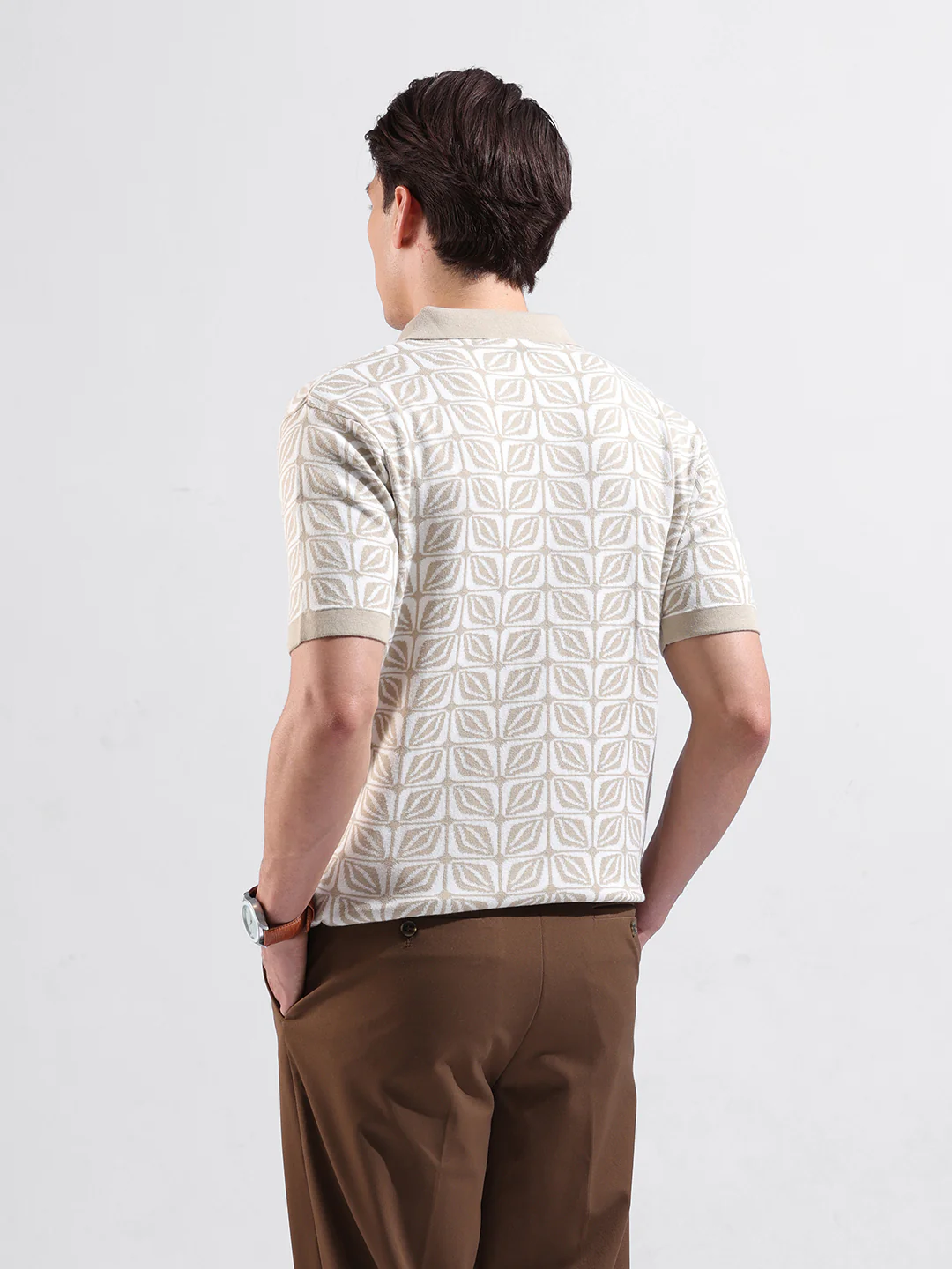 Men's Beige Slim Fit Printed Flat Knit Shirt - Image 6