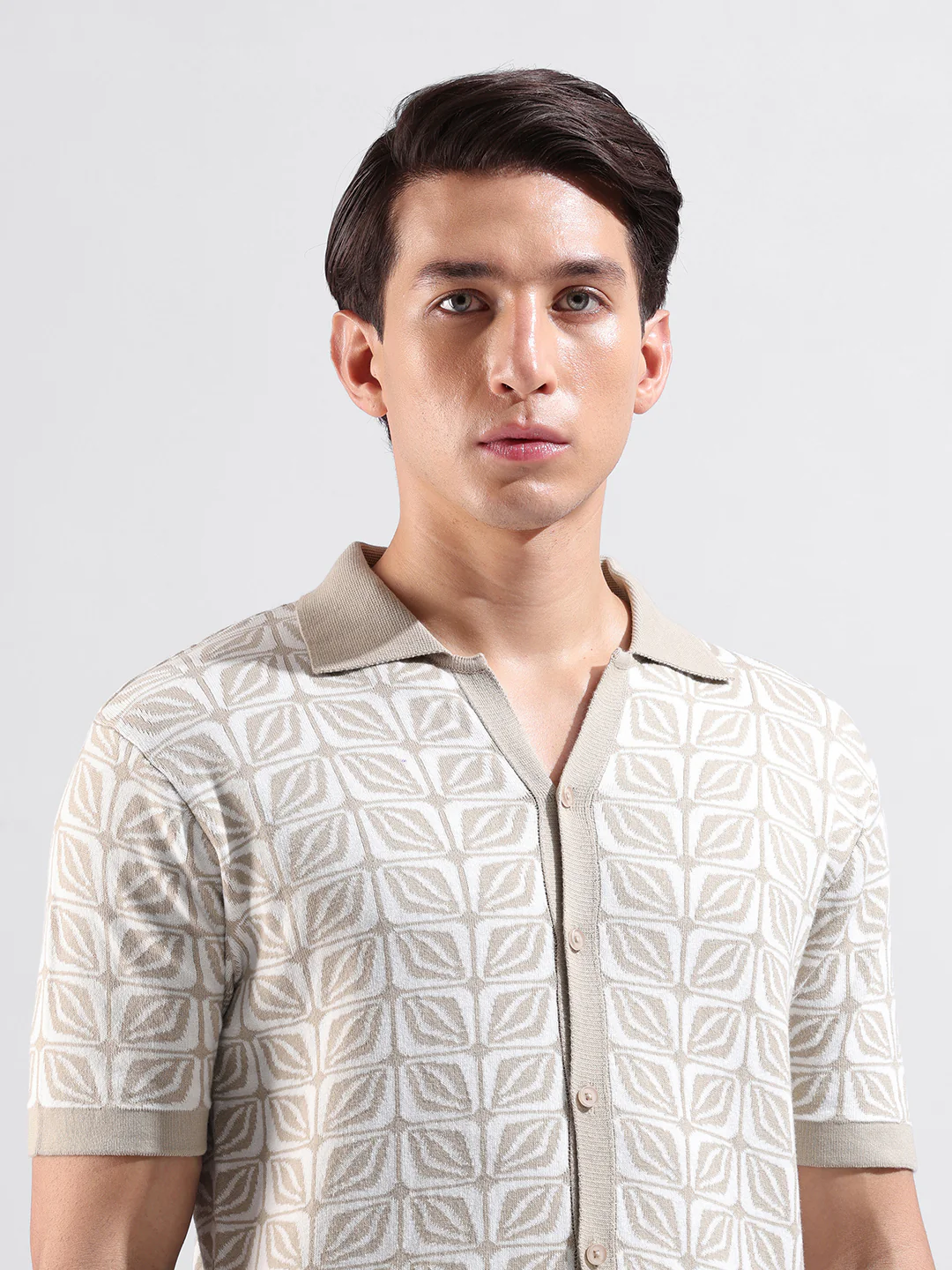 Men's Beige Slim Fit Printed Flat Knit Shirt - Image 7