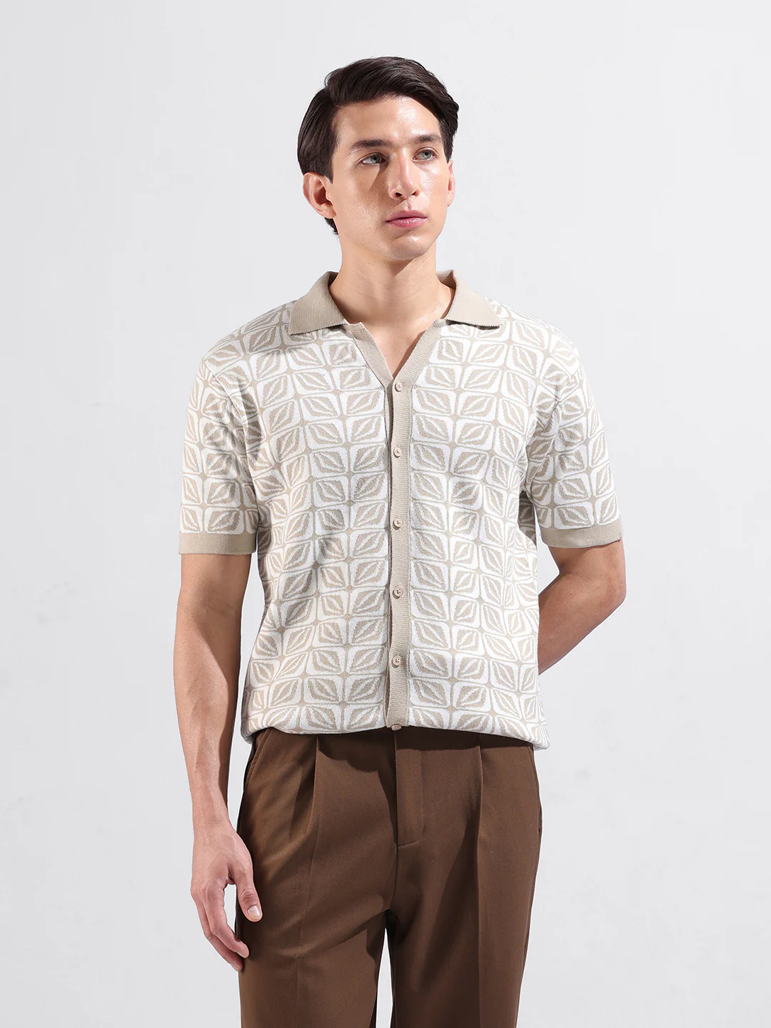 Men's Beige Slim Fit Printed Flat Knit Shirt - Image 8