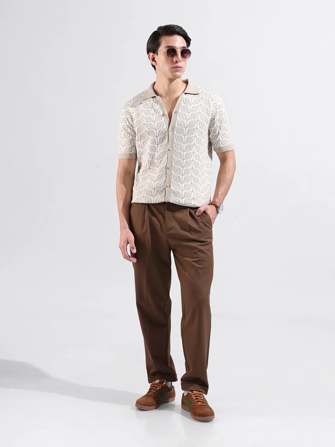 Men's Beige Slim Fit Printed Flat Knit Shirt - Image 9
