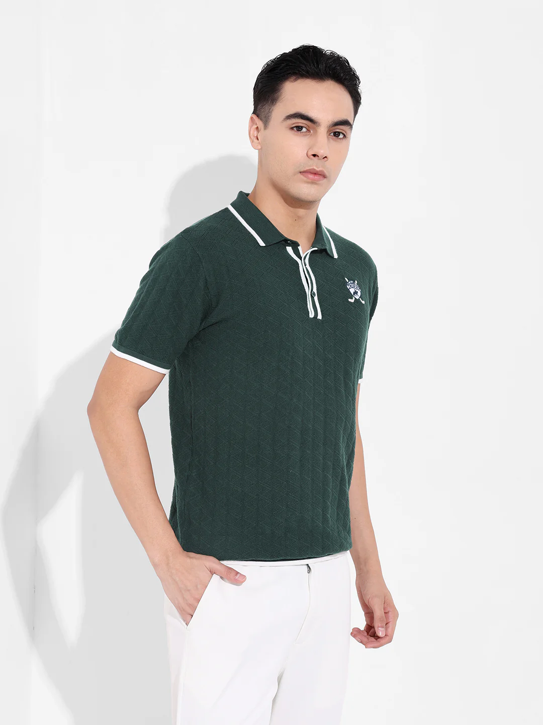 Men's Green Slim Fit Striped Flat Knit T-Shirt - Image 2