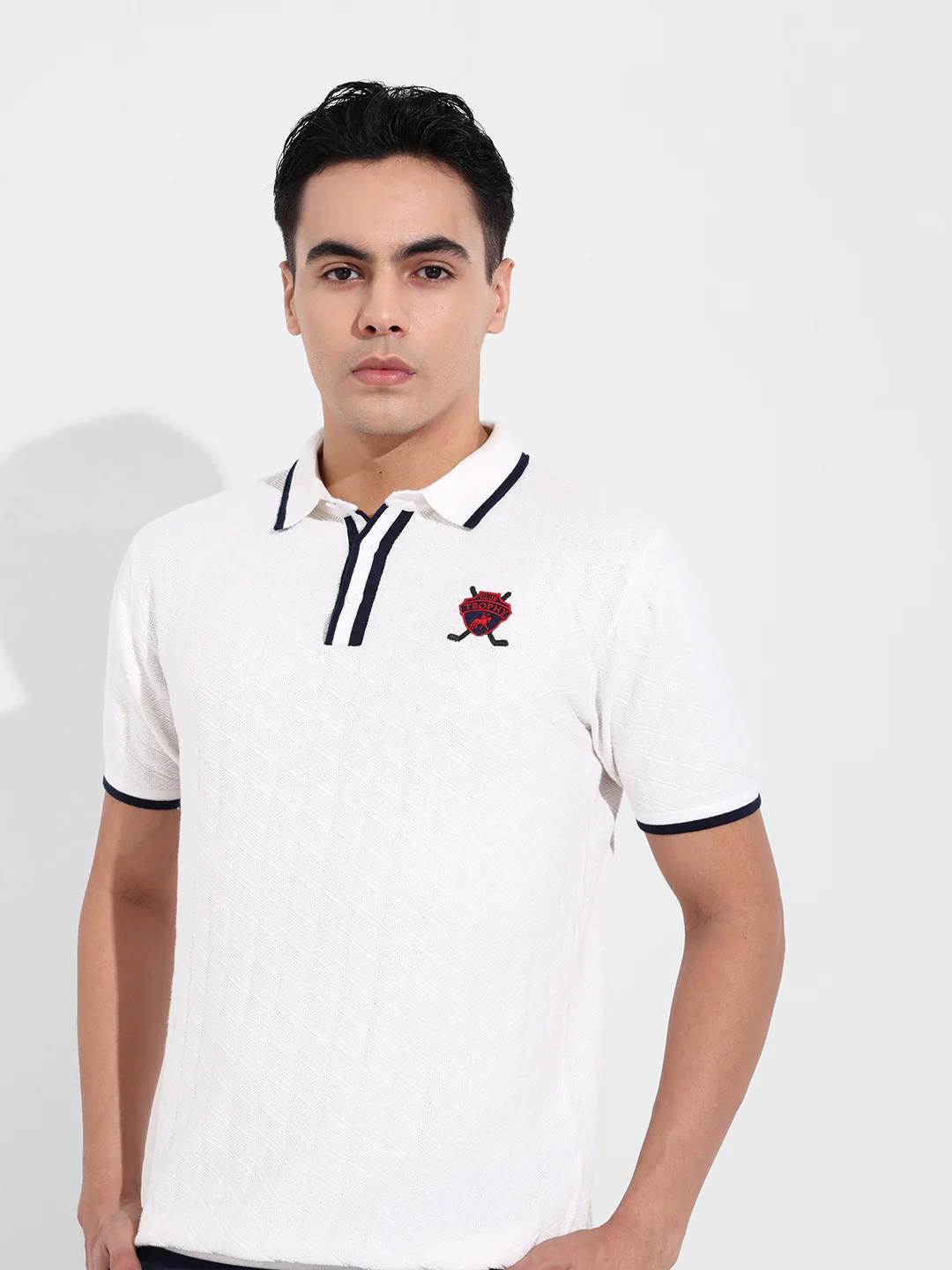 Men's White Slim Fit Striped Flat Knit T-Shirt - Image 4