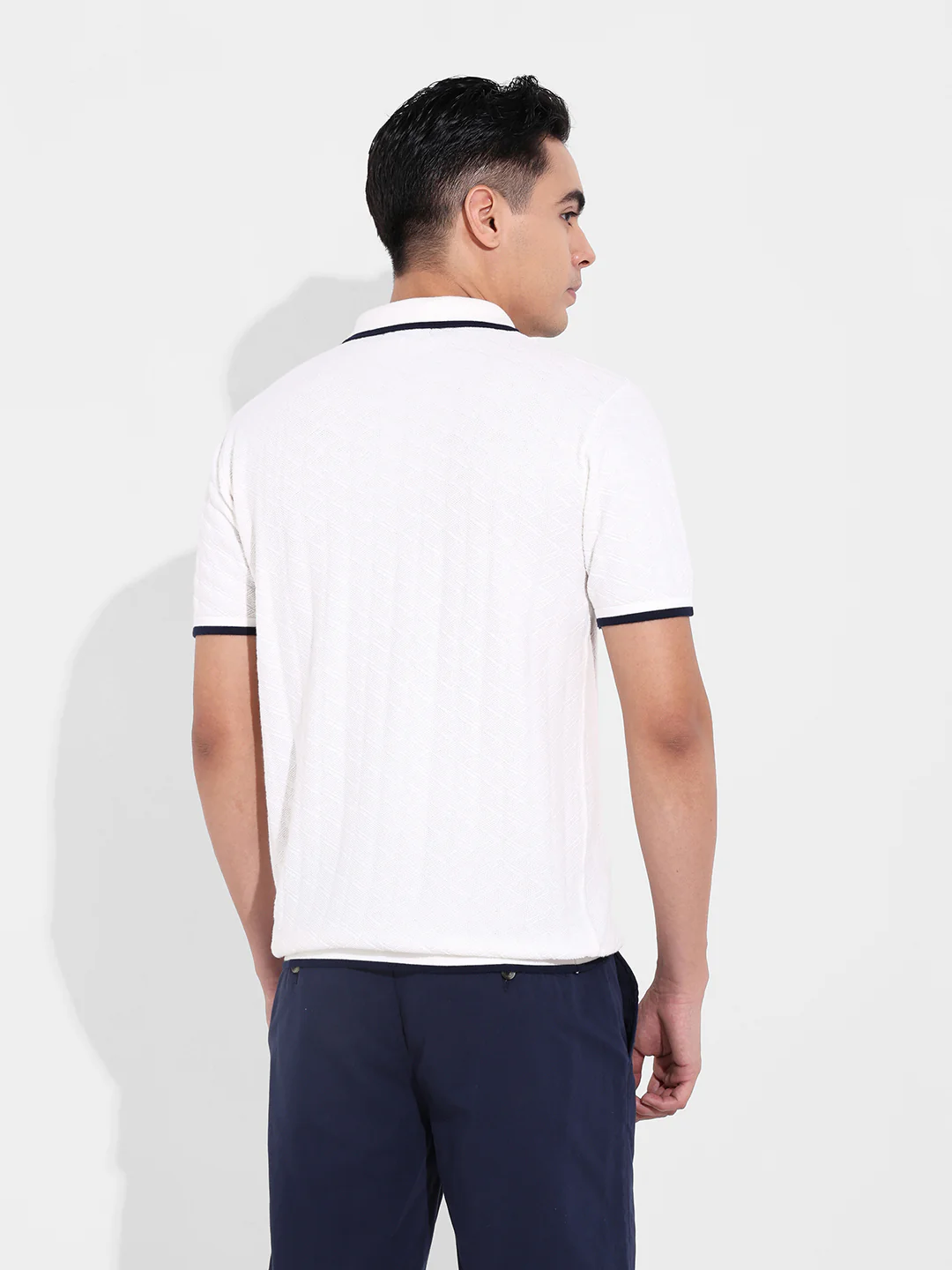 Men's White Slim Fit Striped Flat Knit T-Shirt - Image 5