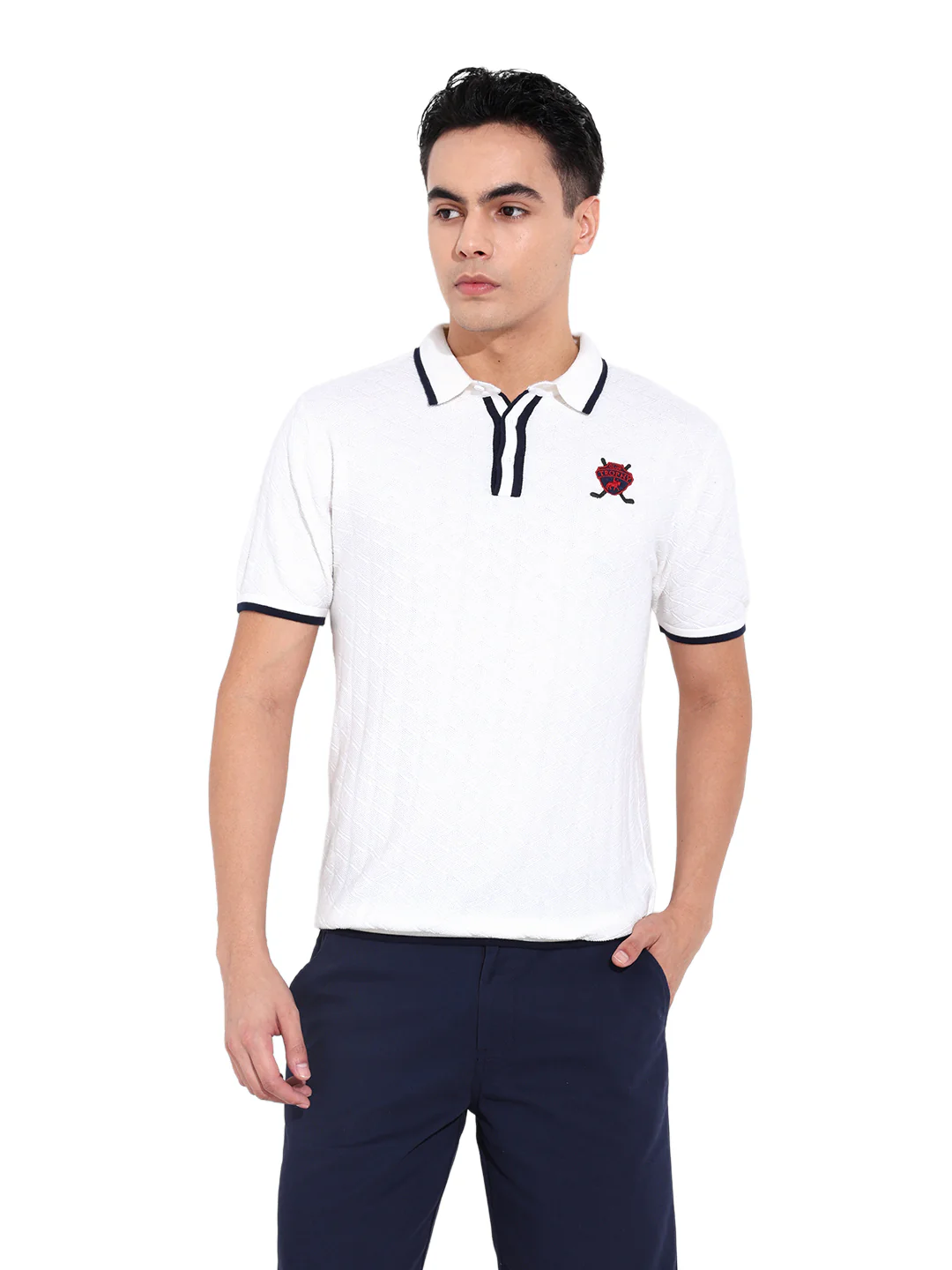 Men's White Slim Fit Striped Flat Knit T-Shirt - Image 8