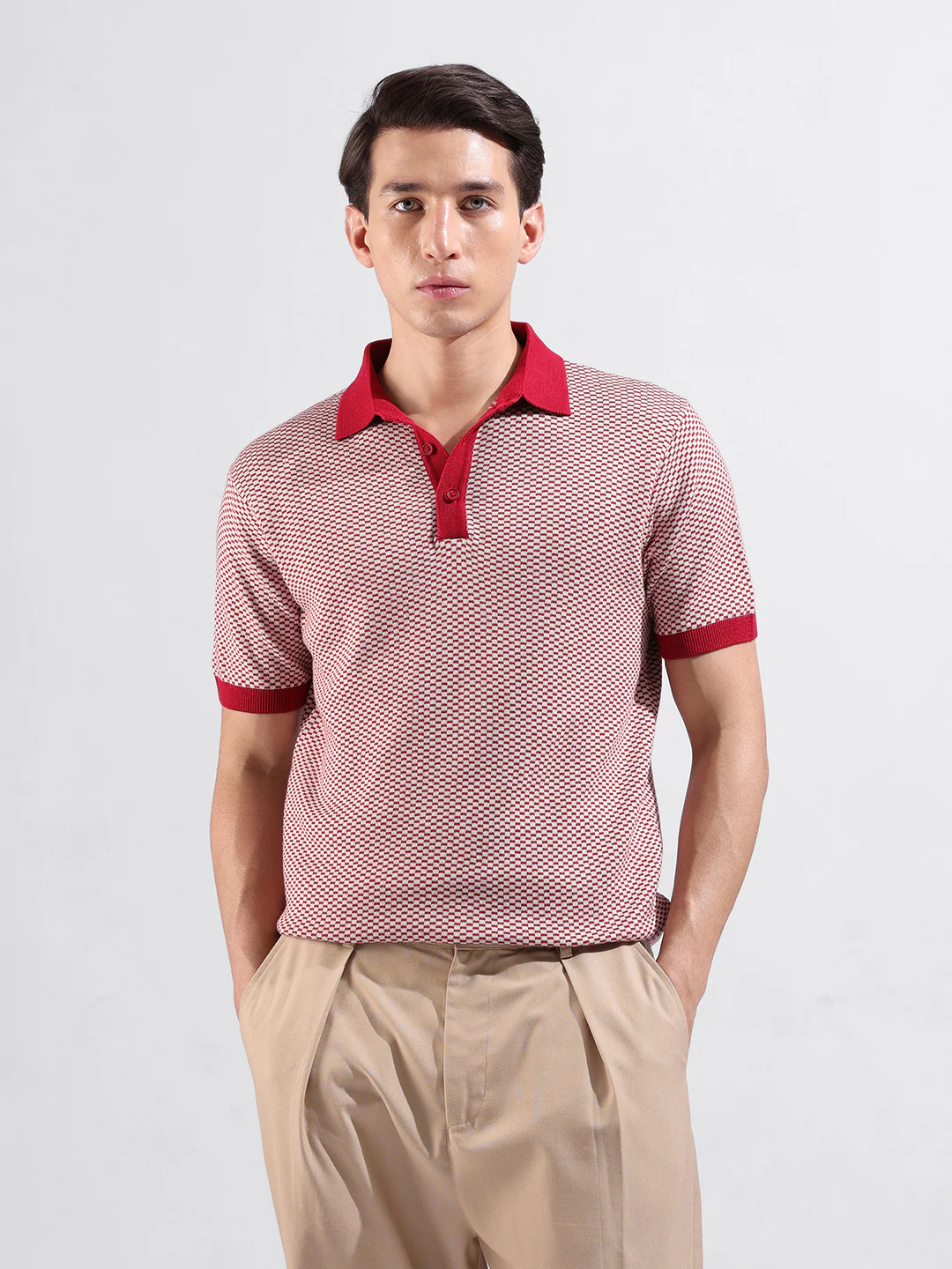 Men's Red Slim Fit Solid Flat Knit T-Shirt - Image 2
