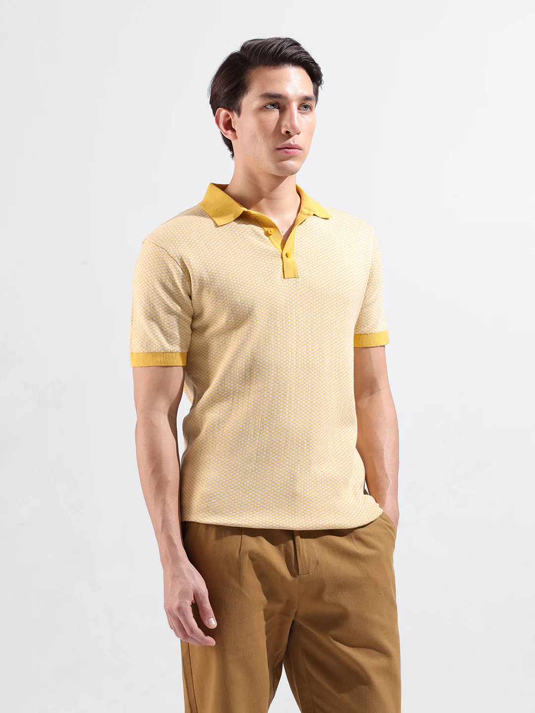 Men's Yellow Slim Fit Solid Flat Knit T-Shirt - Image 4