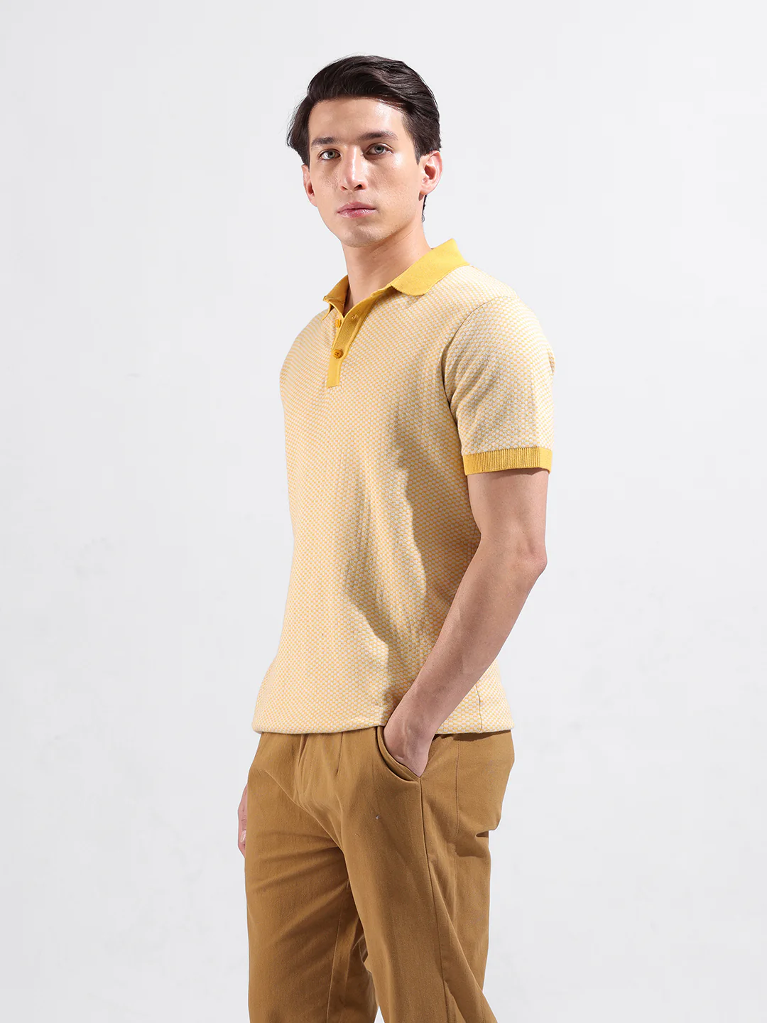 Men's Yellow Slim Fit Solid Flat Knit T-Shirt - Image 5