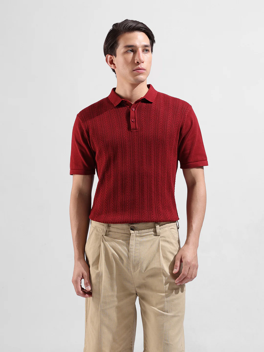 Men's Rust Slim Fit Solid Flat Knit T-Shirt - Image 2